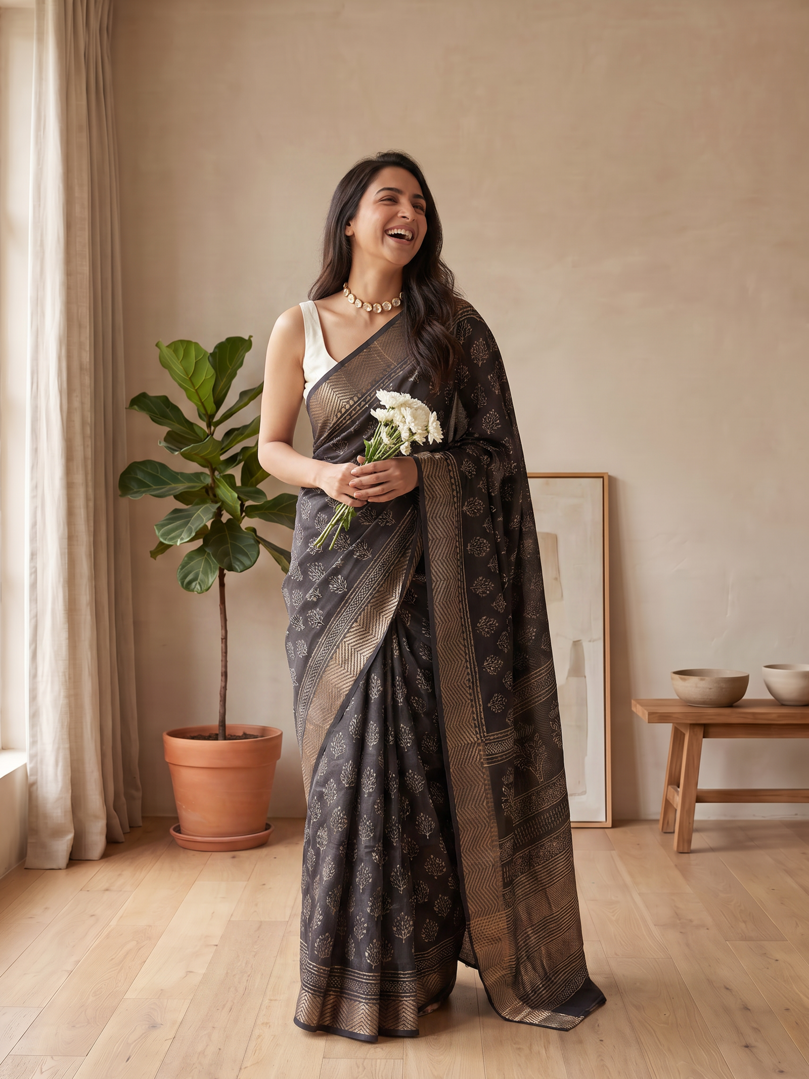 Ebony Maheshwari Cotton SiIk Saree