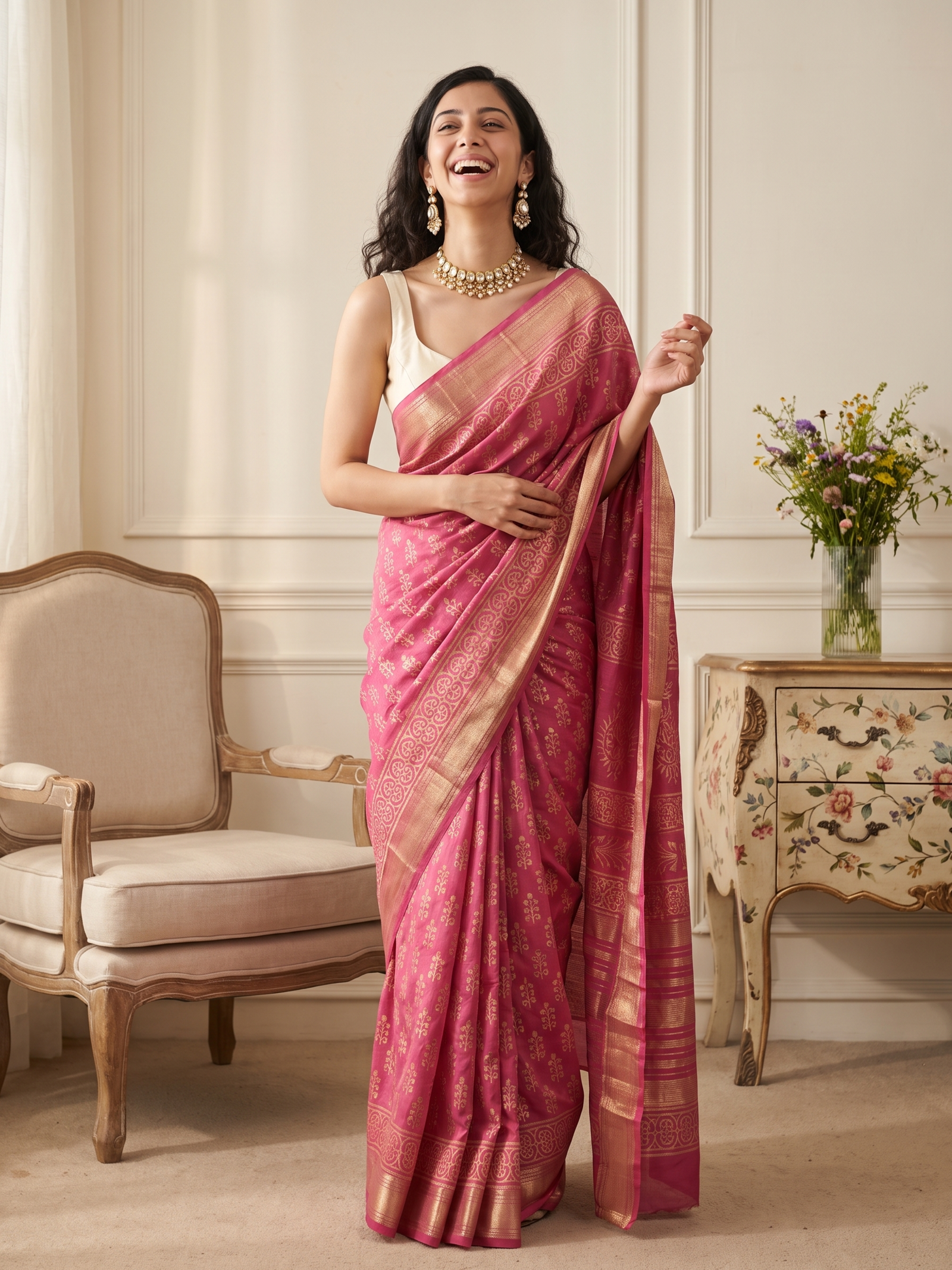 Gulabi Noor Maheshwari Cotton Silk Saree