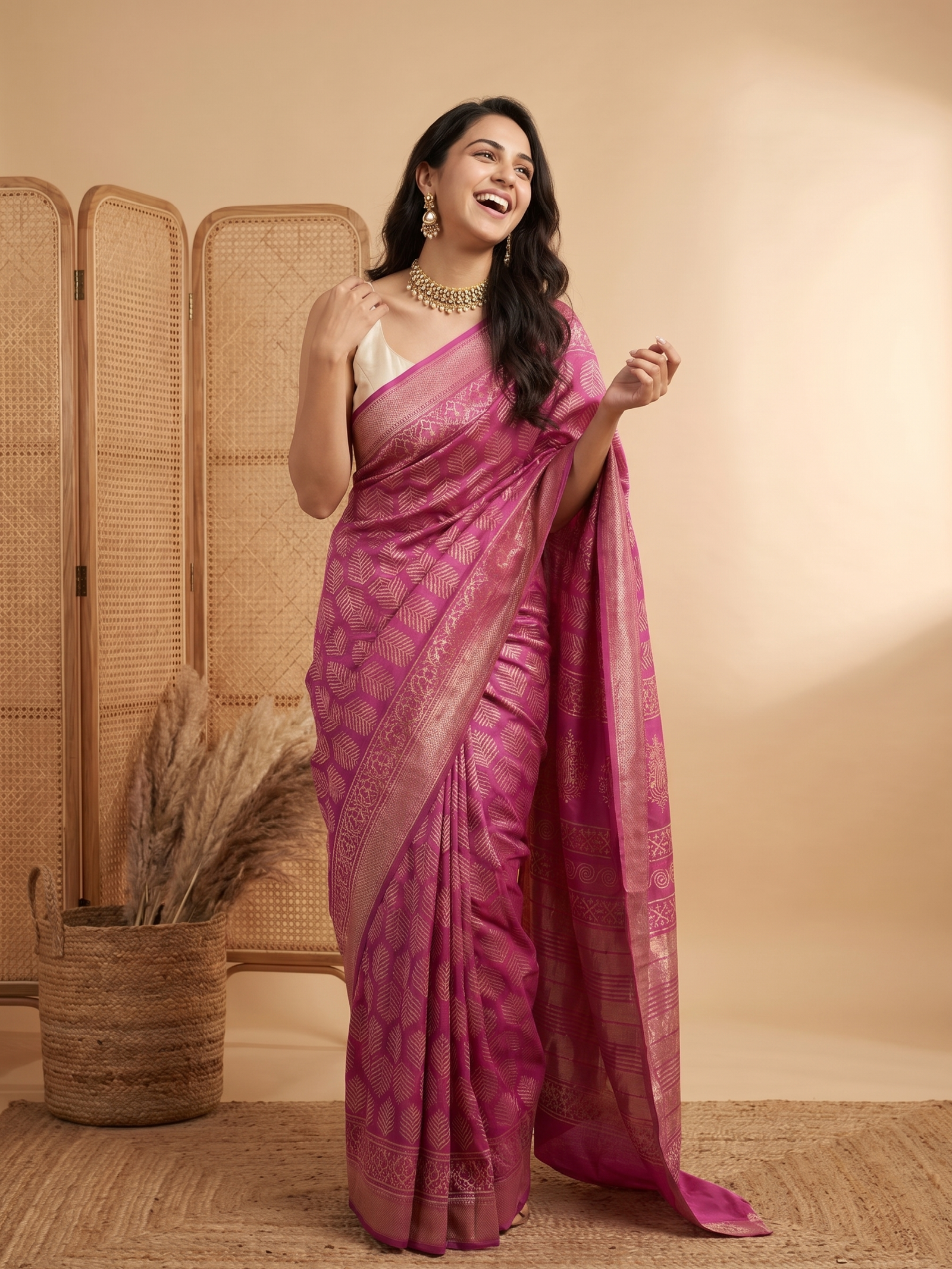 Pankhuri Pink Maheshwari Cotton Silk Saree