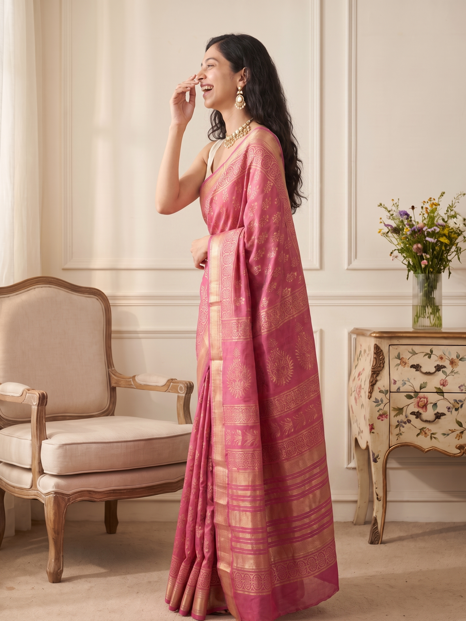 Gulabi Noor Maheshwari Cotton Silk Saree