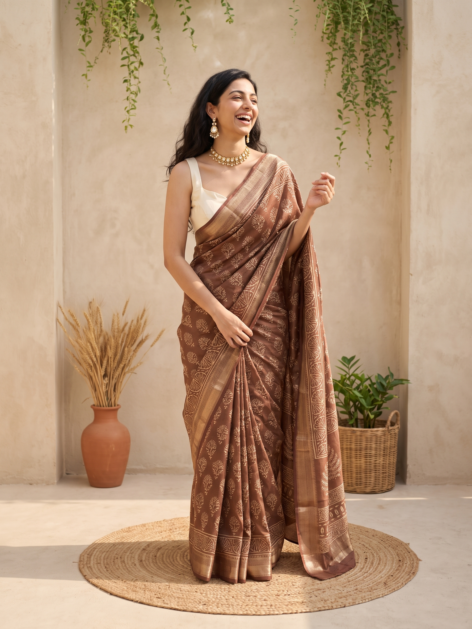 Caramel Maheshwari Cotton Silk Saree