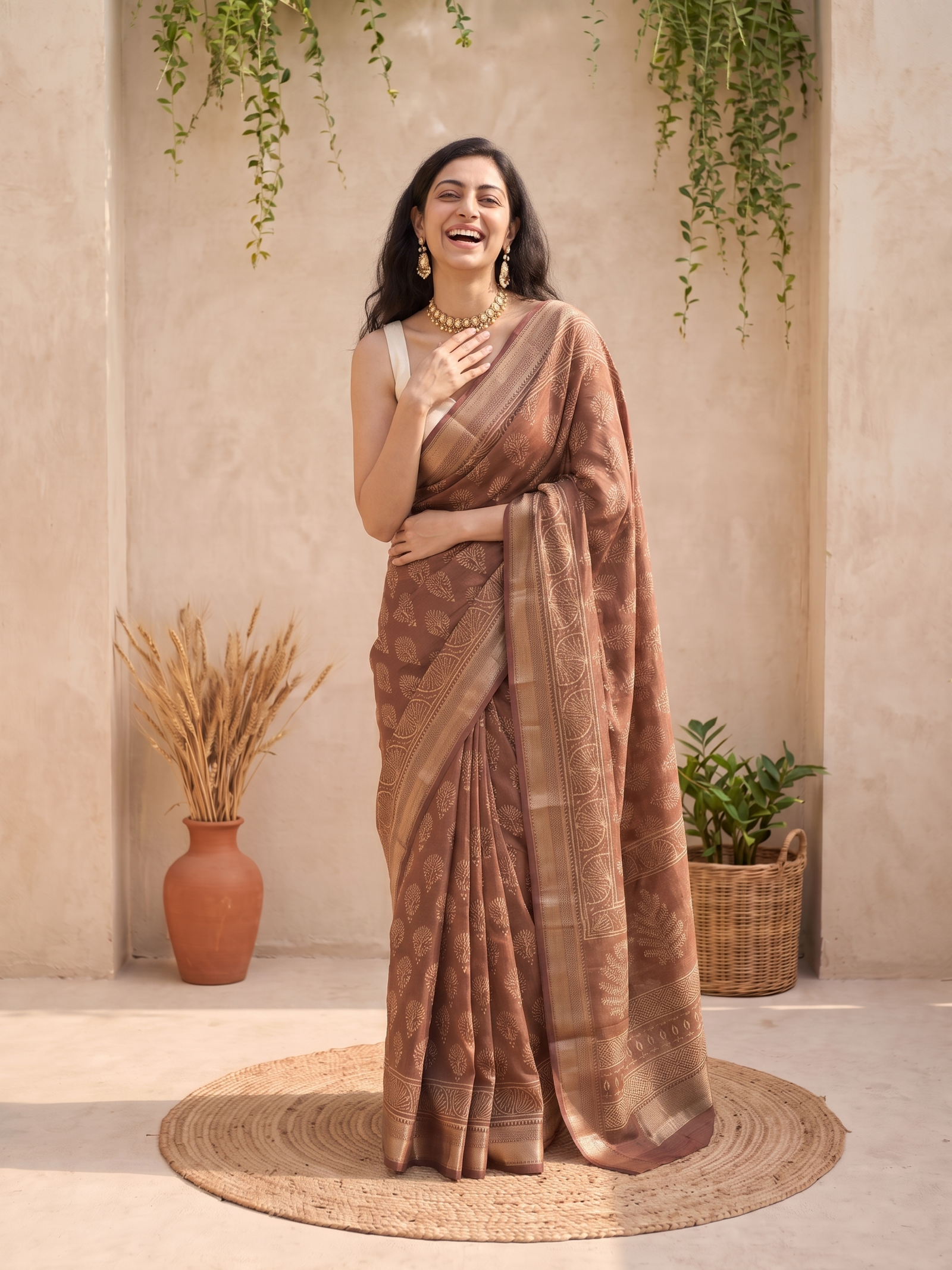 Caramel Maheshwari Cotton Silk Saree