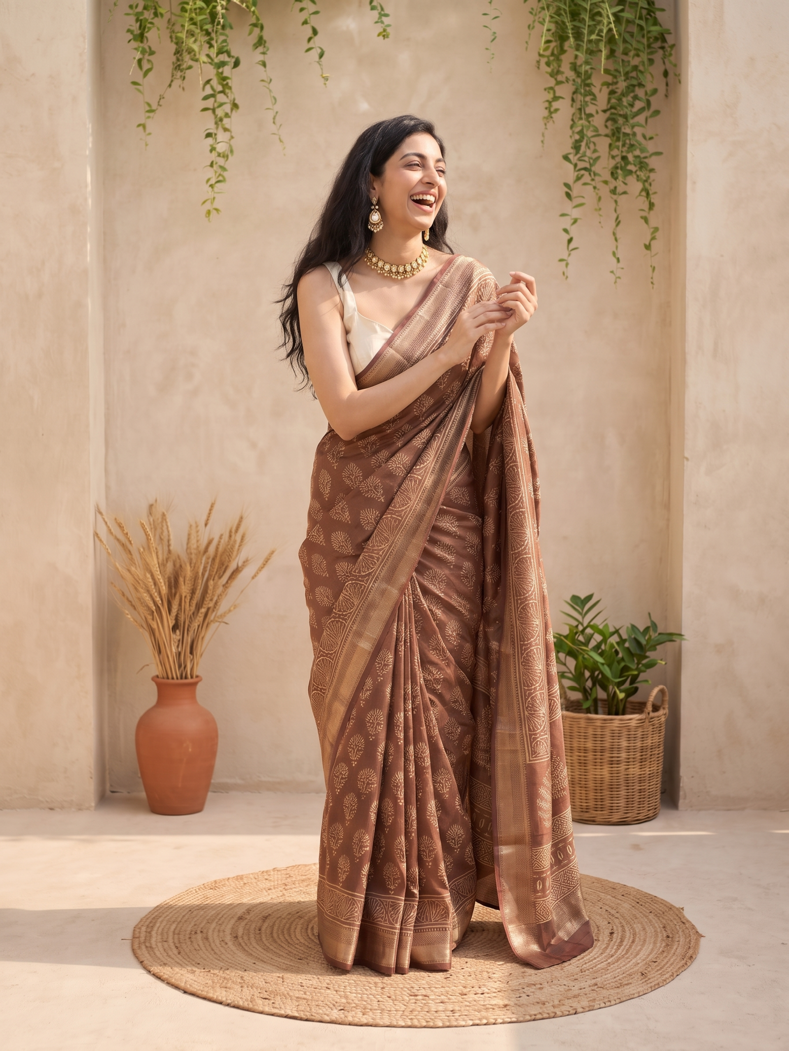 Caramel Maheshwari Cotton Silk Saree