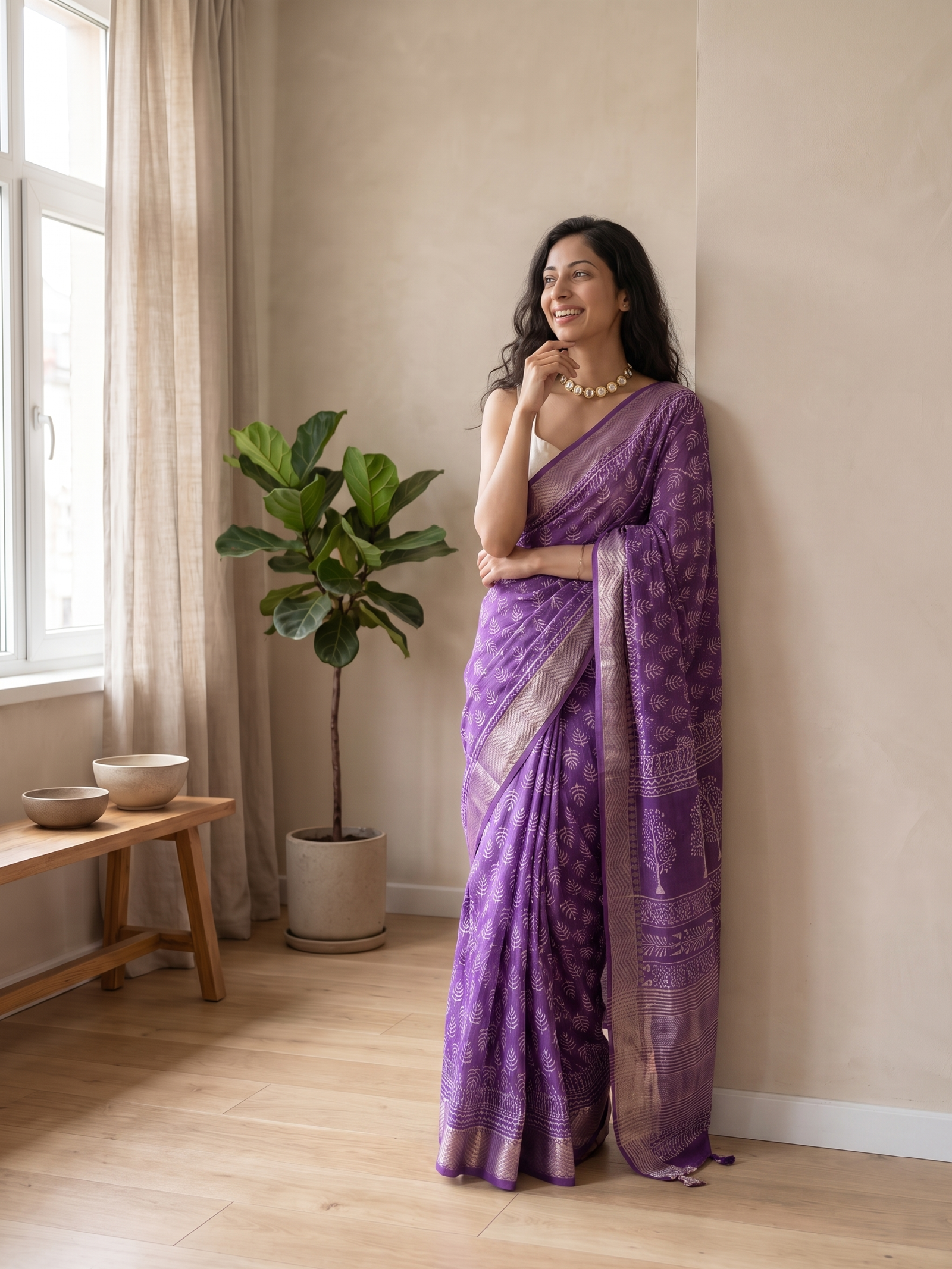 Deep Purple Maheshwari Cotton Silk Saree