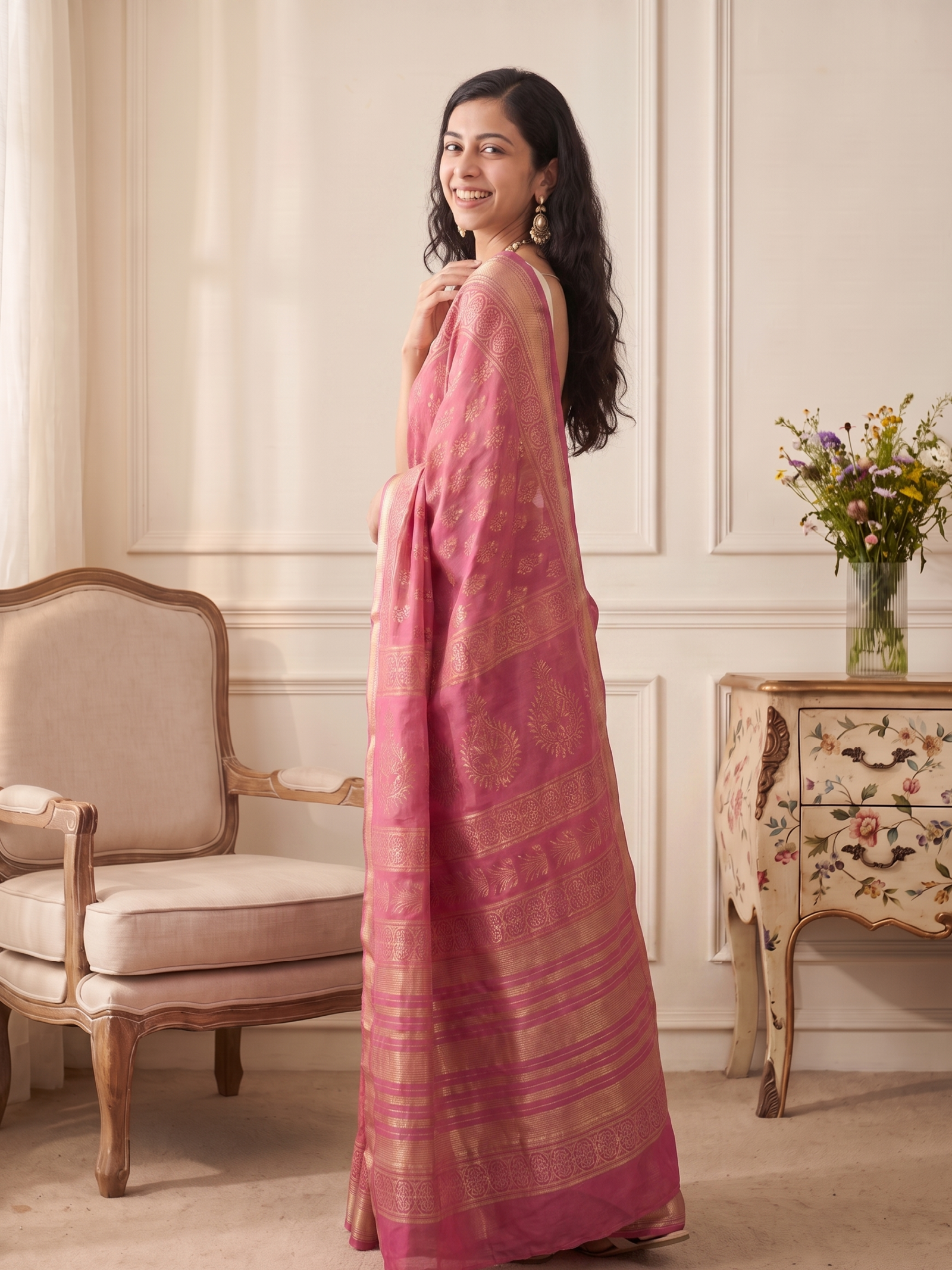 Gulabi Noor Maheshwari Cotton Silk Saree