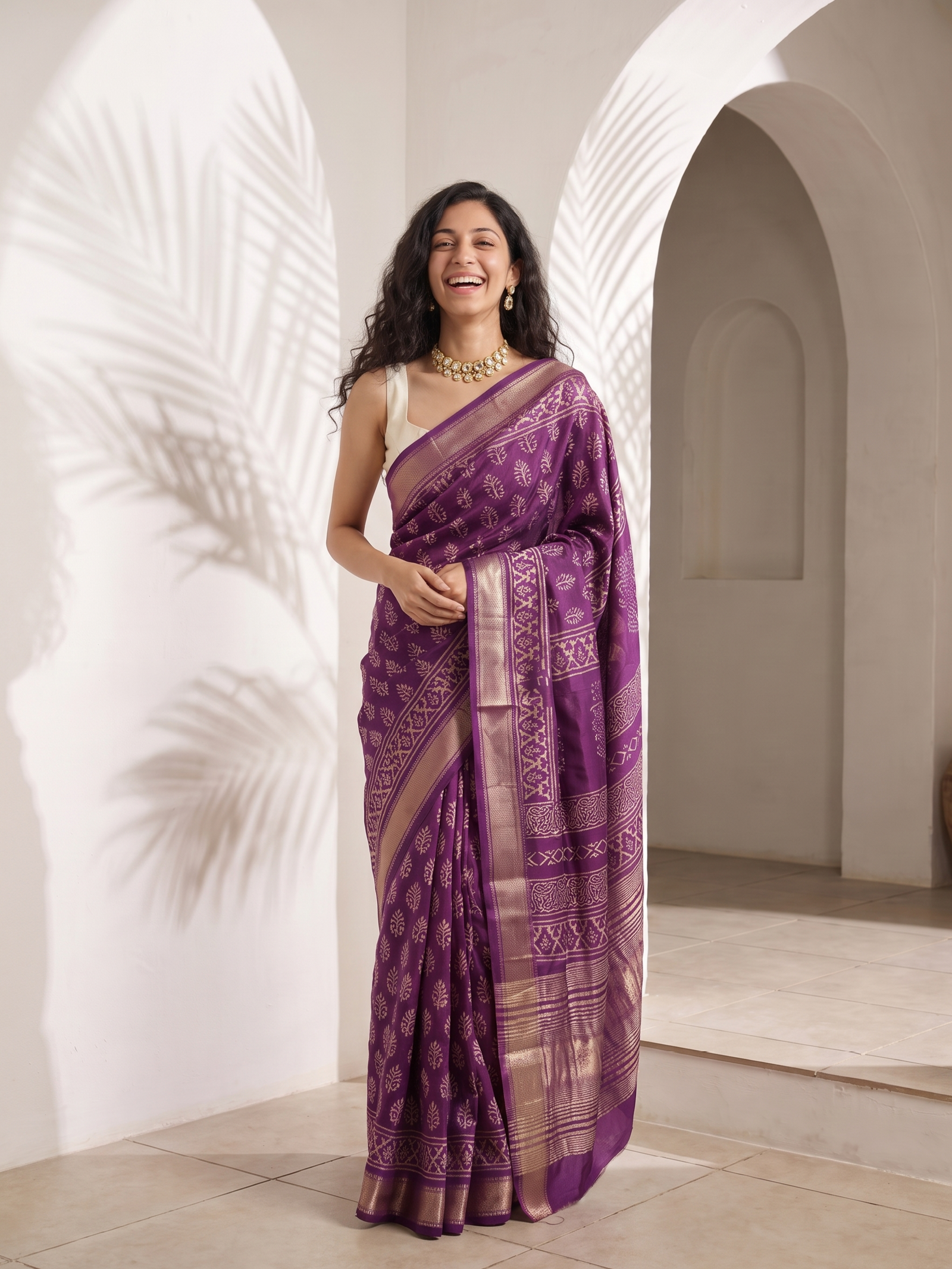 Purple Leaf Maheshwari Cotton Silk Saree