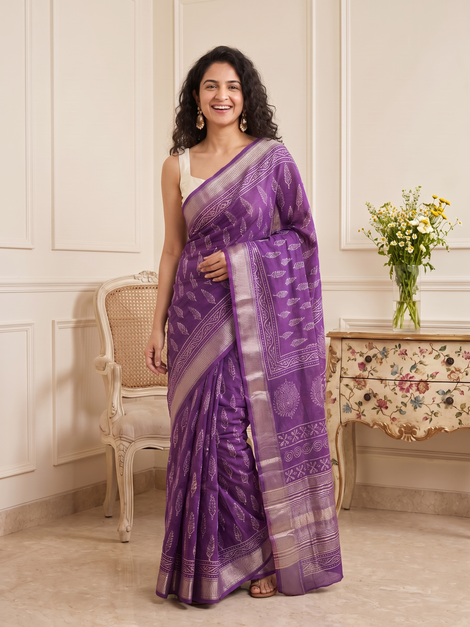 Berry Purple Maheshwari Cotton Silk Saree
