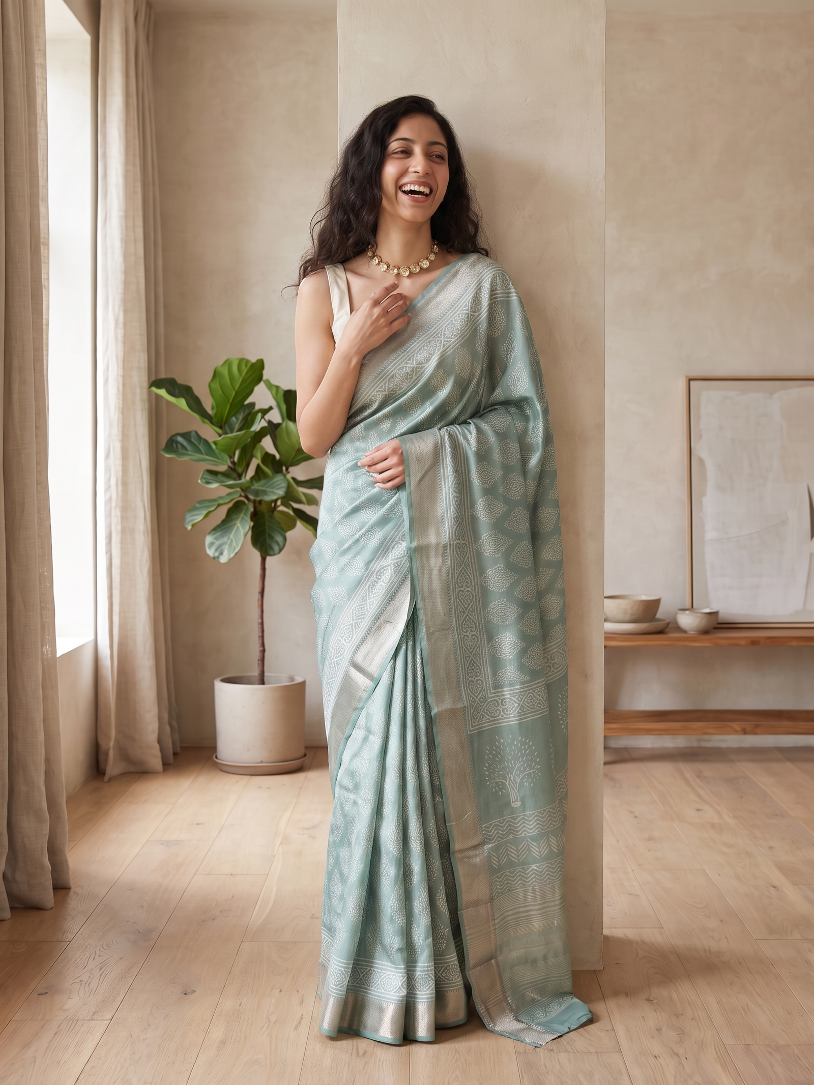 Sage Green Maheshwari Cotton Silk Saree