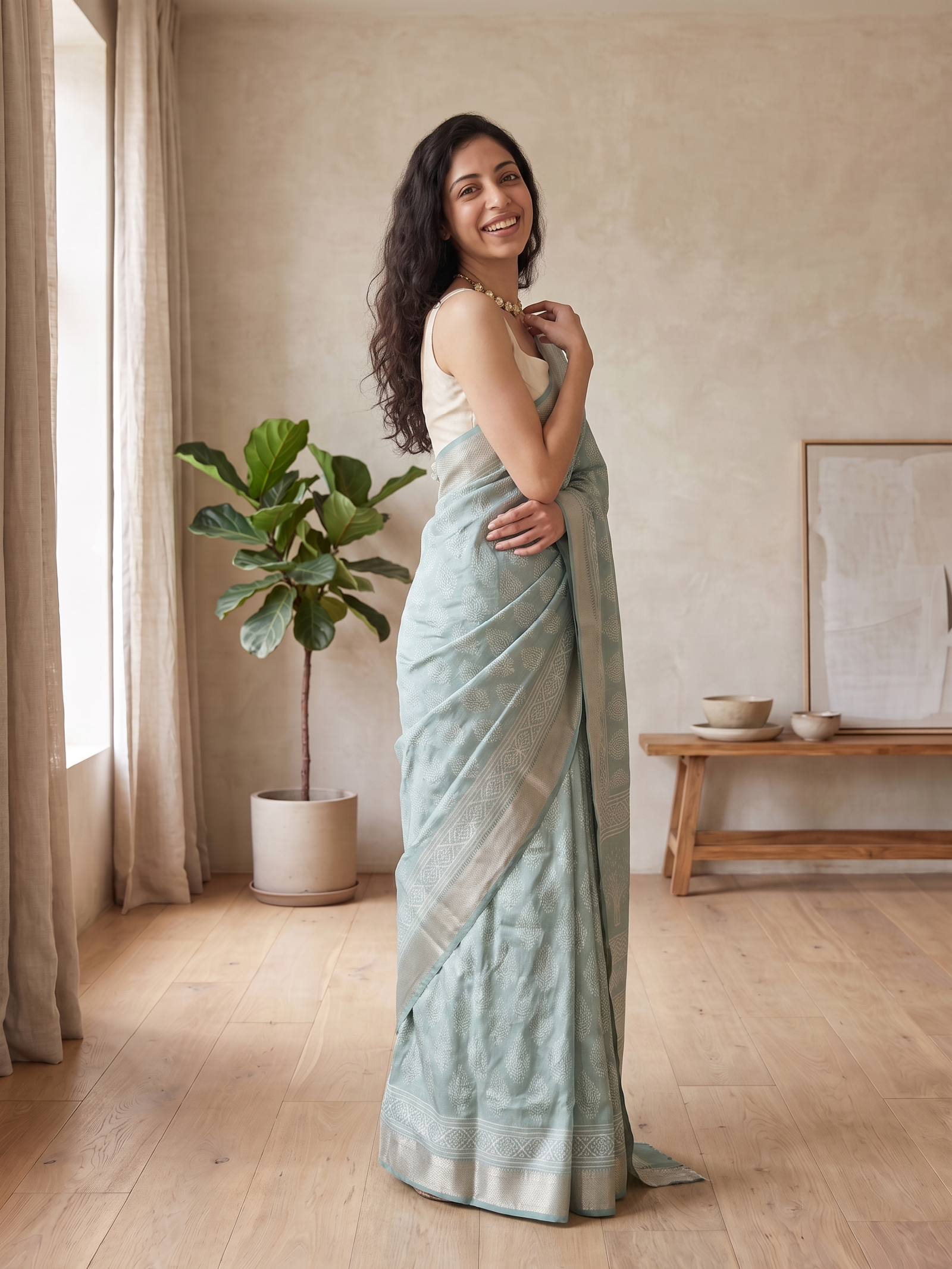 Sage Green Maheshwari Cotton Silk Saree