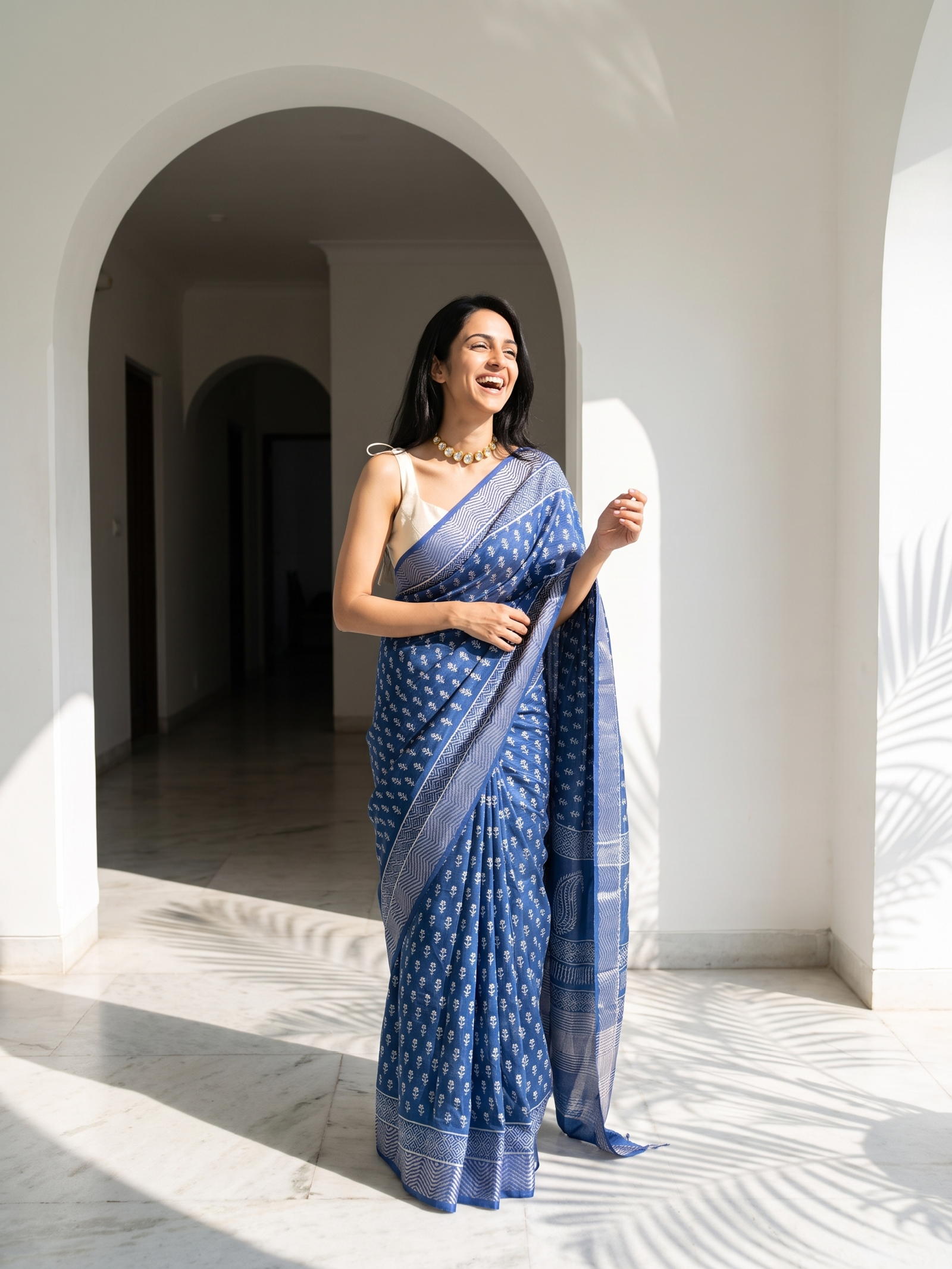 Ink Blue Maheshwari Cotton Silk Saree