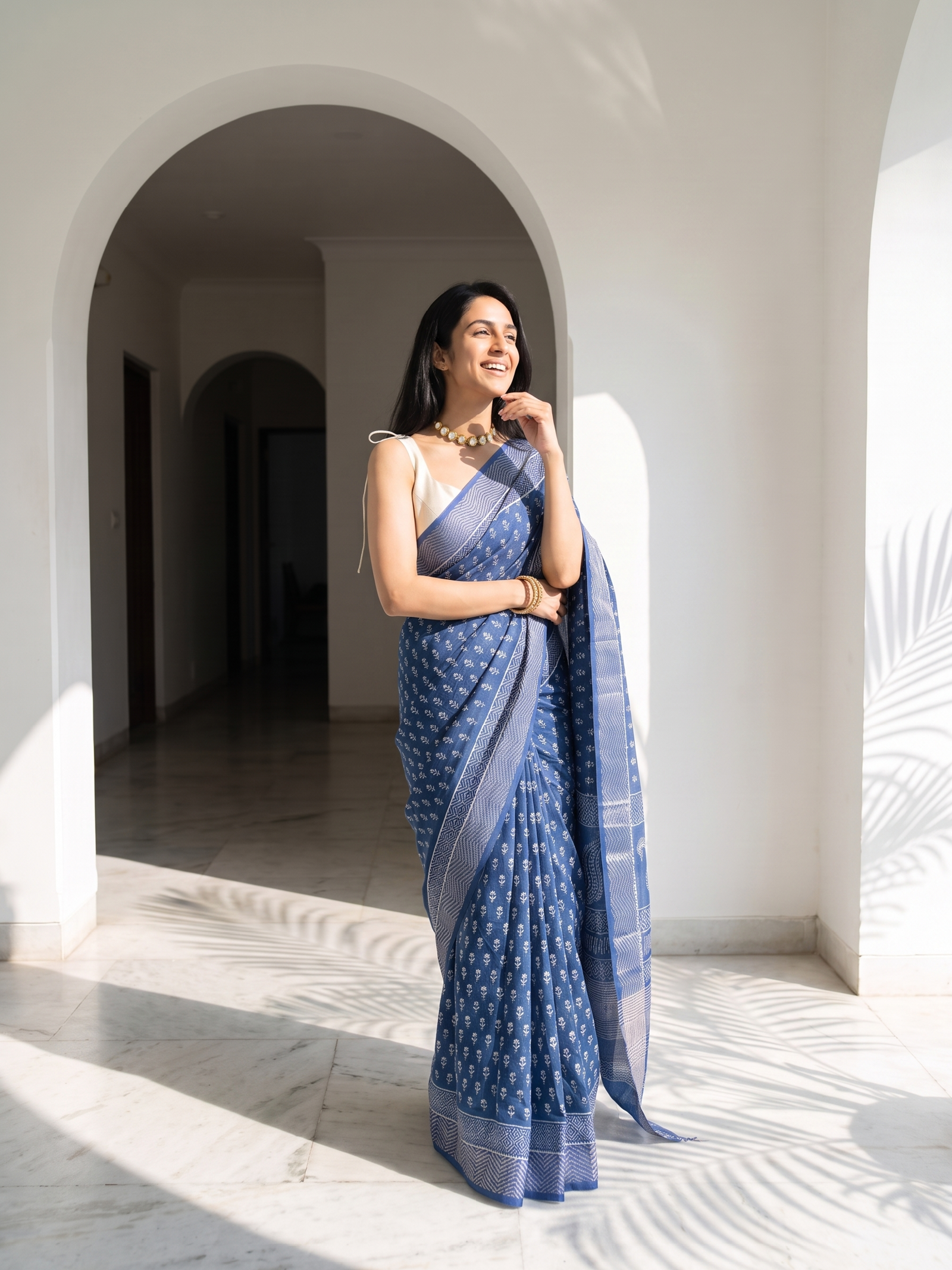 Ink Blue Maheshwari Cotton Silk Saree