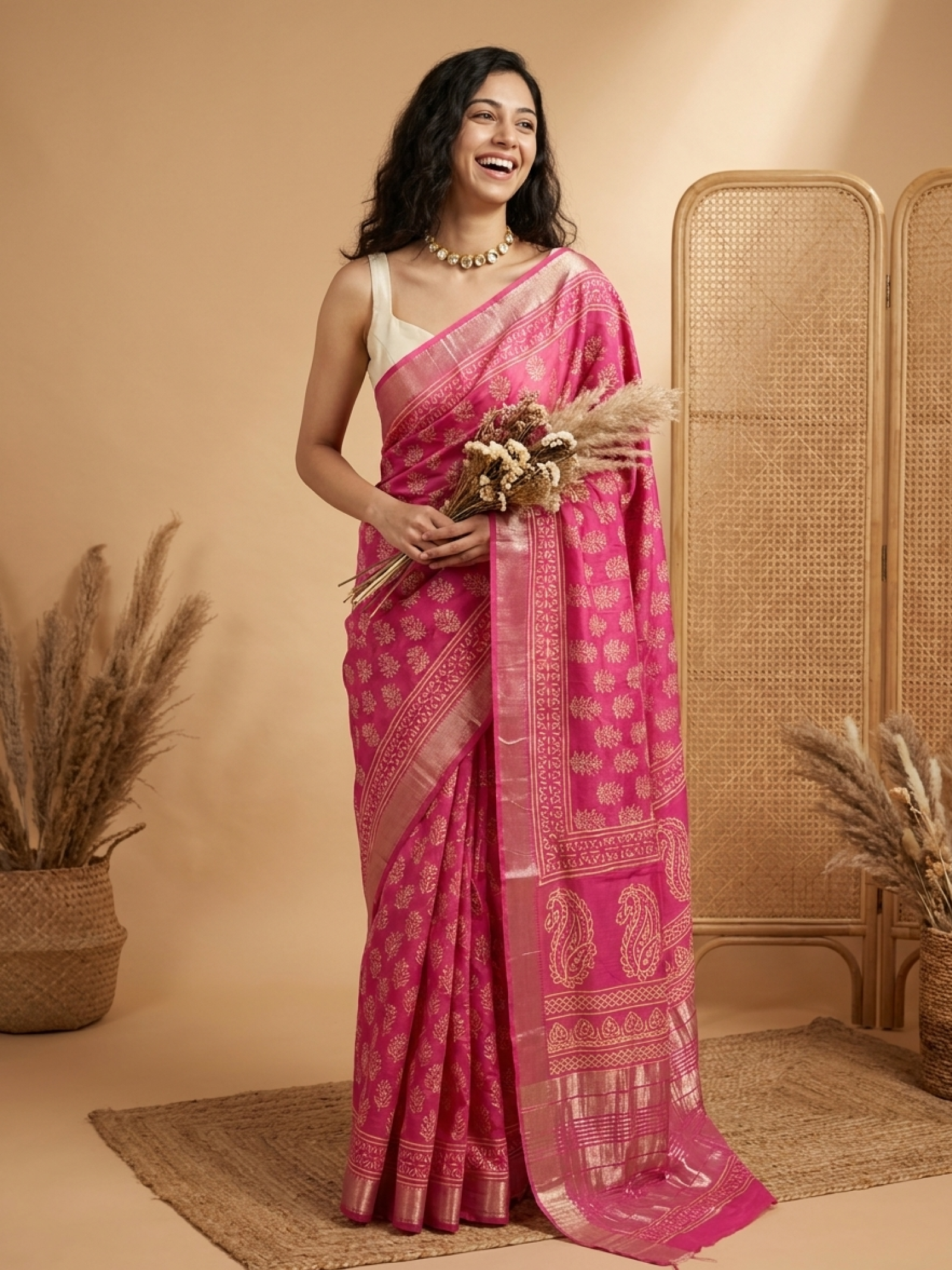 Deep Pink Maheshwari Cotton Silk Saree