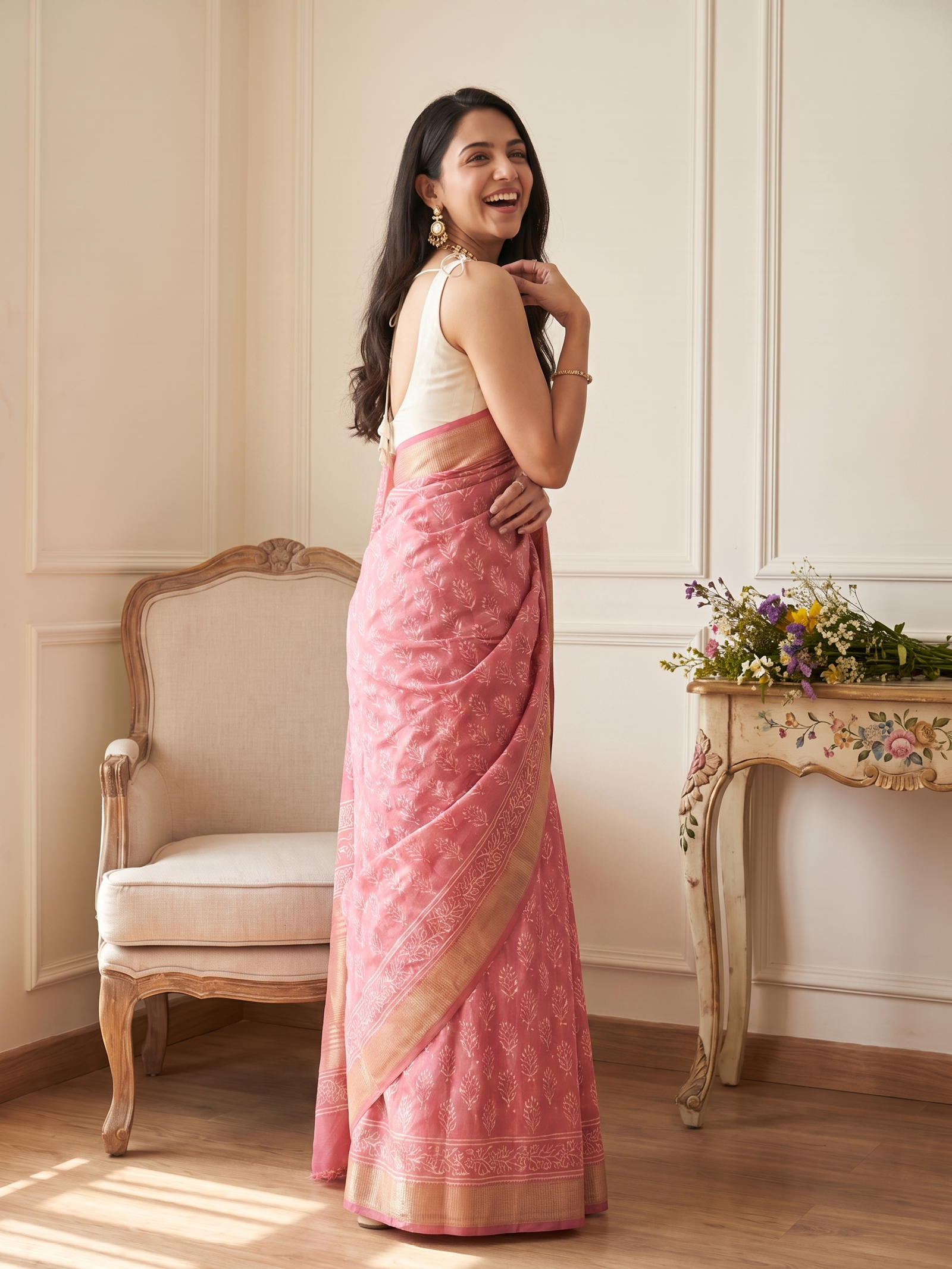 Rose Pink Maheshwari Cotton Saree