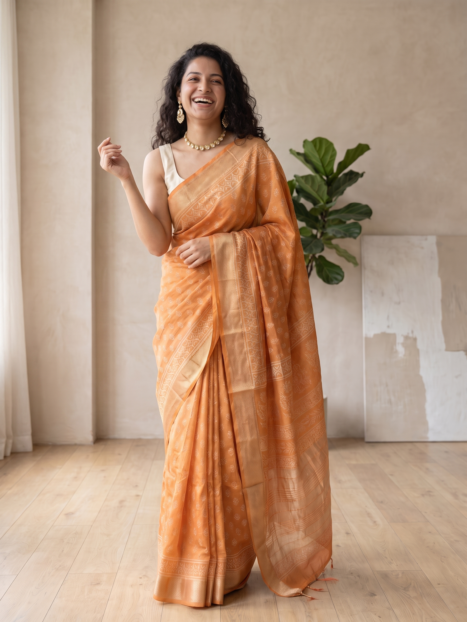 Honey Yellow Maheshwari Cotton Silk Saree