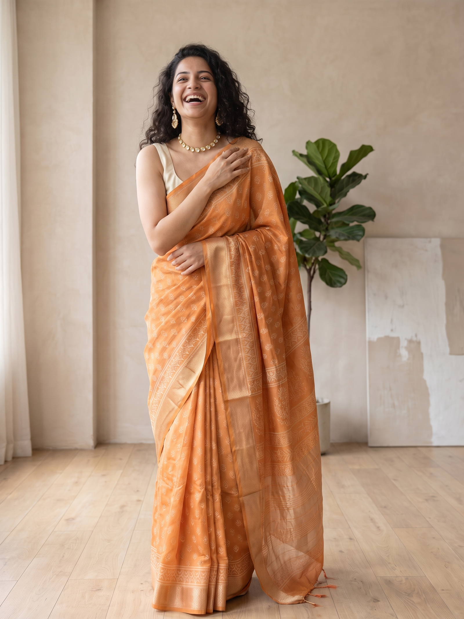 Honey Yellow Maheshwari Cotton Silk Saree