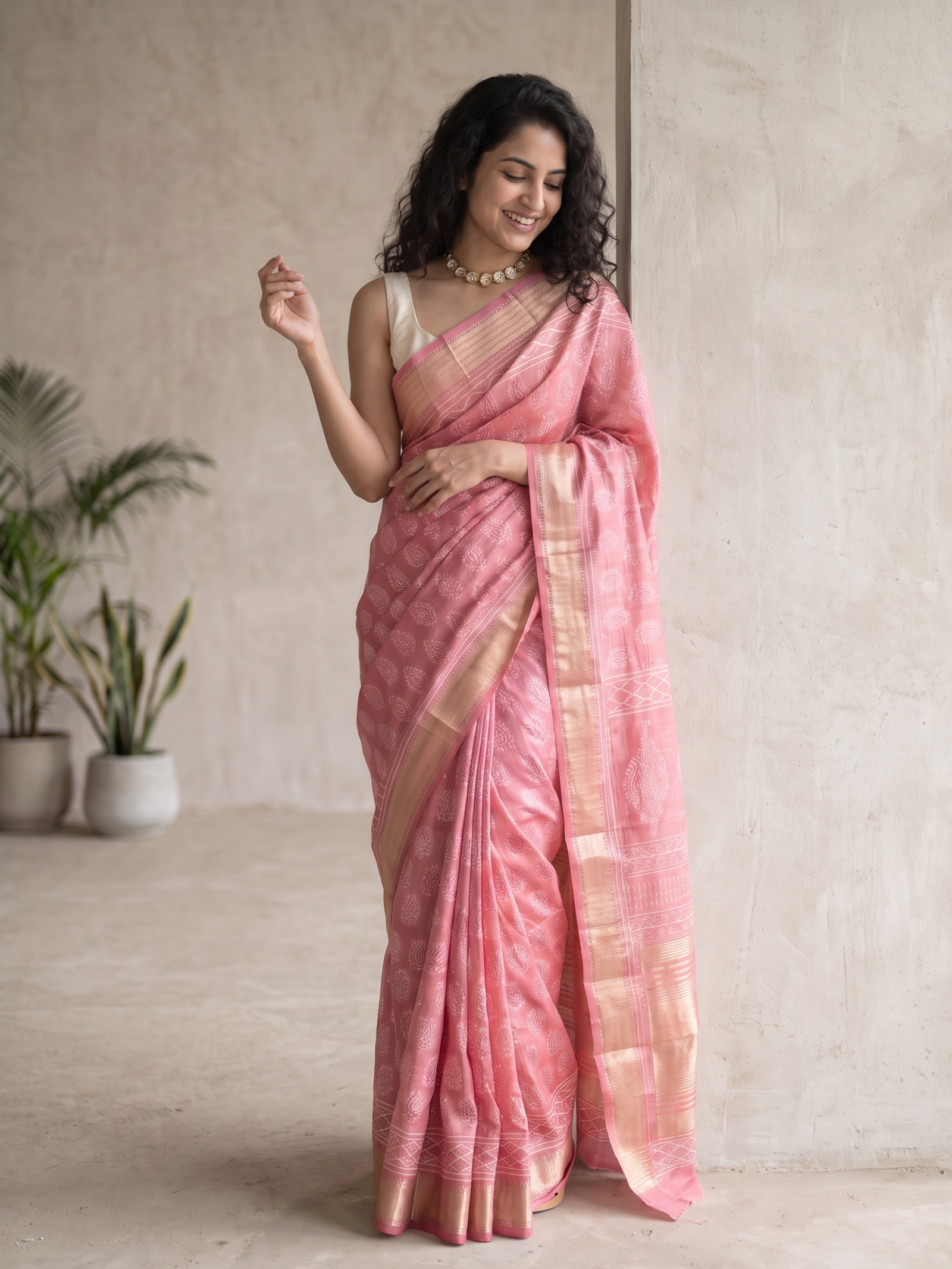 Pink Meher Maheshwari Cotton Silk Saree