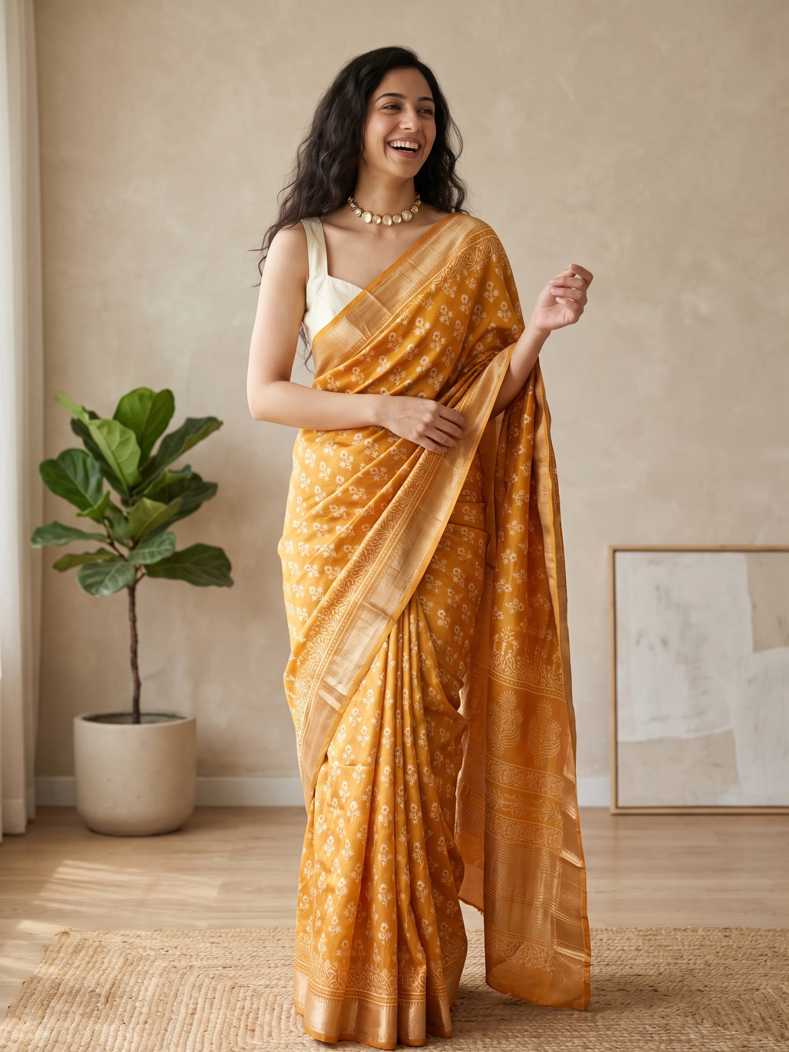 Mango Yellow Maheshwari Cotton Silk Saree