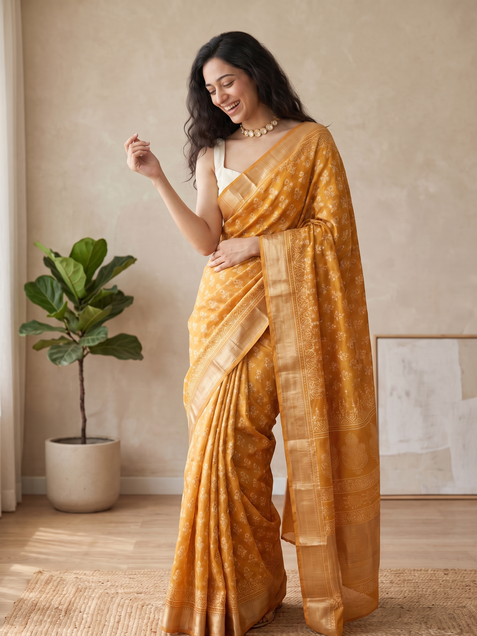Mango Yellow Maheshwari Cotton Silk Saree