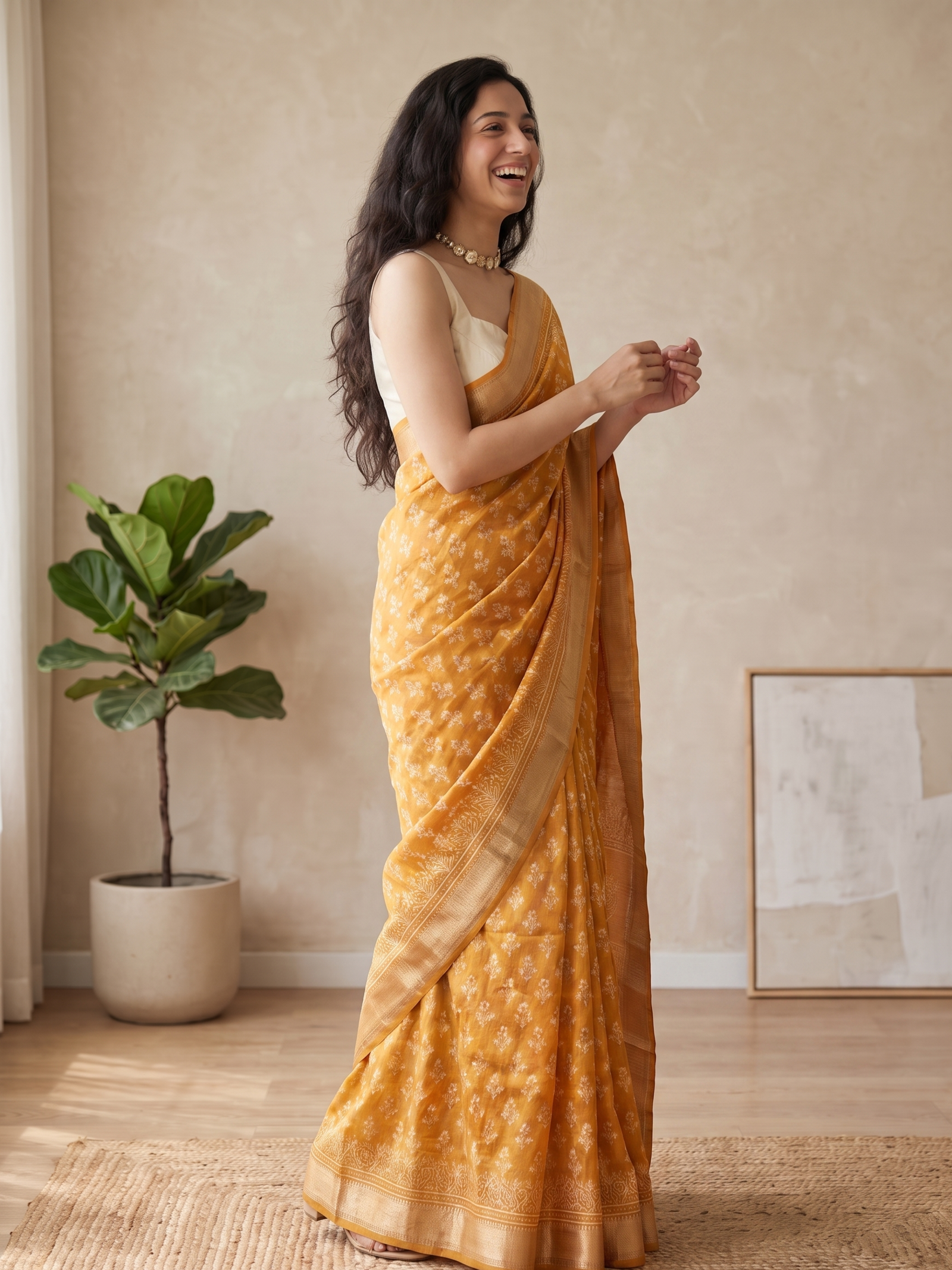 Mango Yellow Maheshwari Cotton Silk Saree