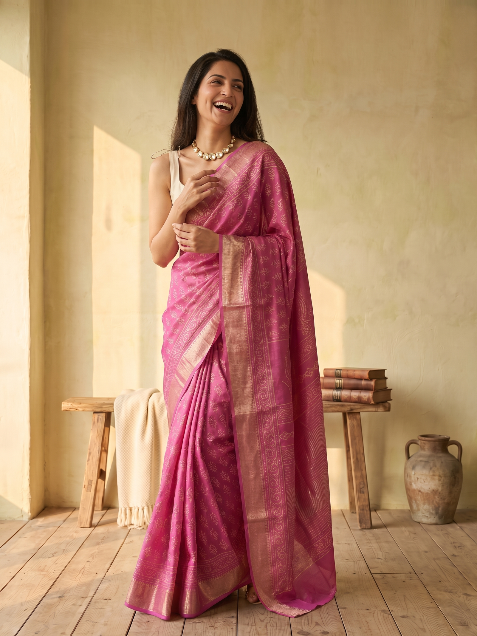 Berry Pink Maheshwari Cotton Silk Saree