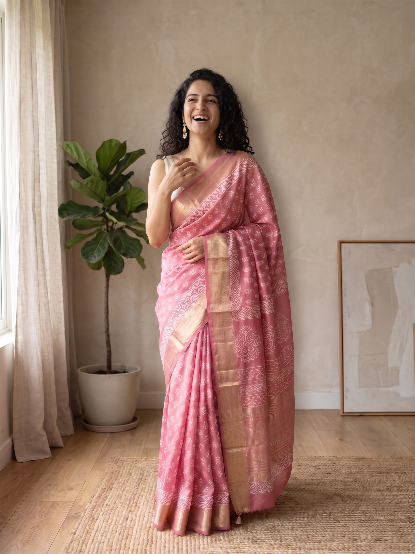 Misty Rose Maheshwari Cotton Silk Saree
