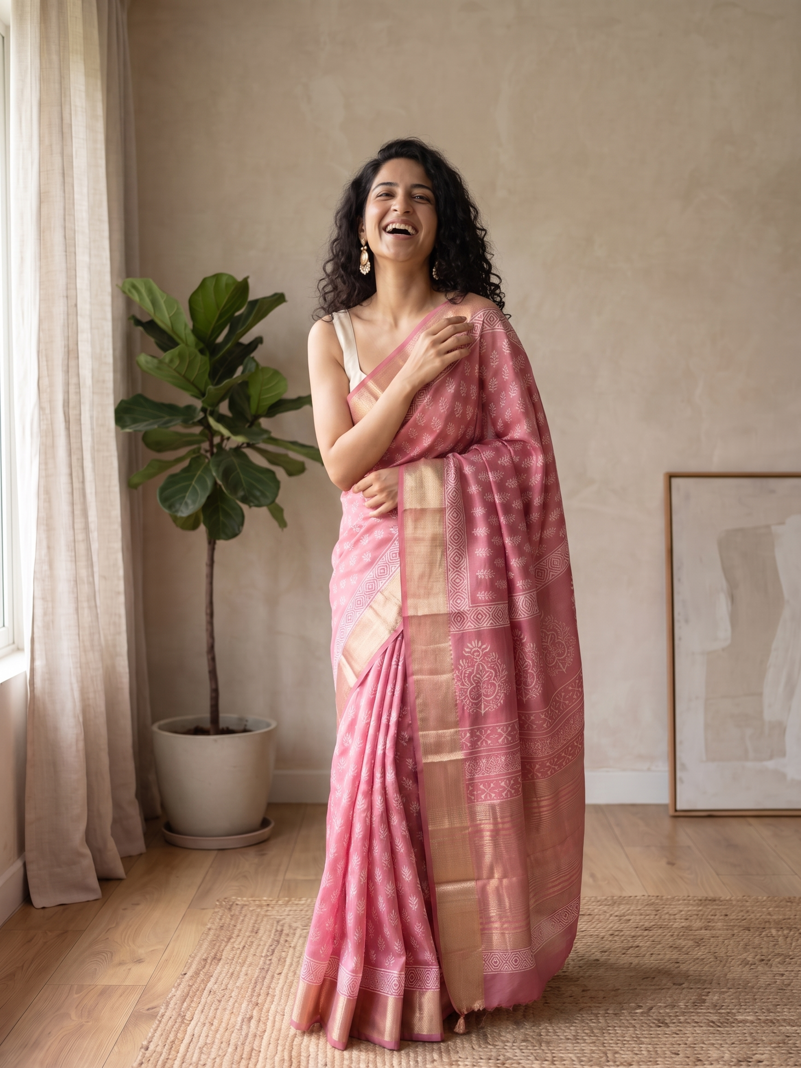 Misty Rose Maheshwari Cotton Silk Saree