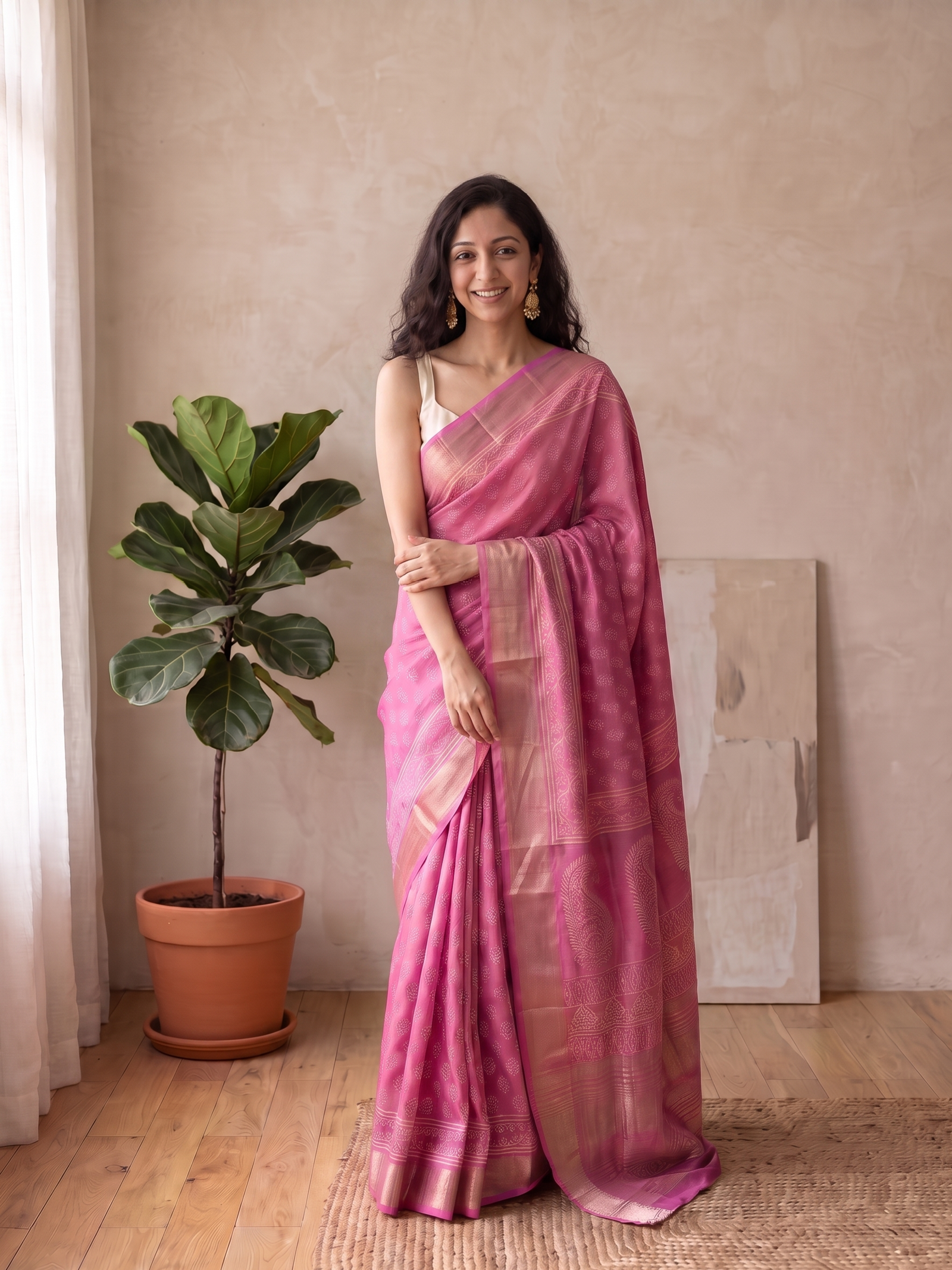 Watermelon Pink Maheshwari Cotton Silk Saree