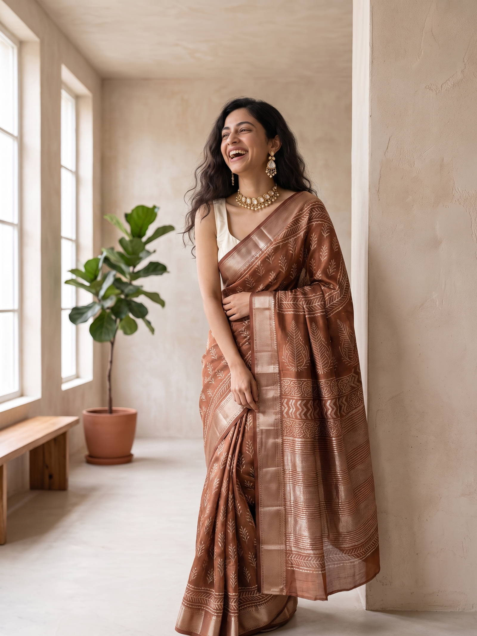 Hazelnut Maheshwari Cotton Silk Saree