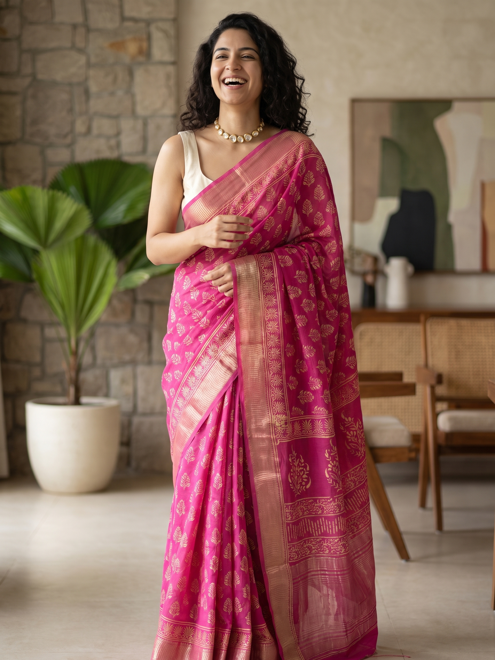 Raspberry Pink Maheshwari Cotton Silk Saree