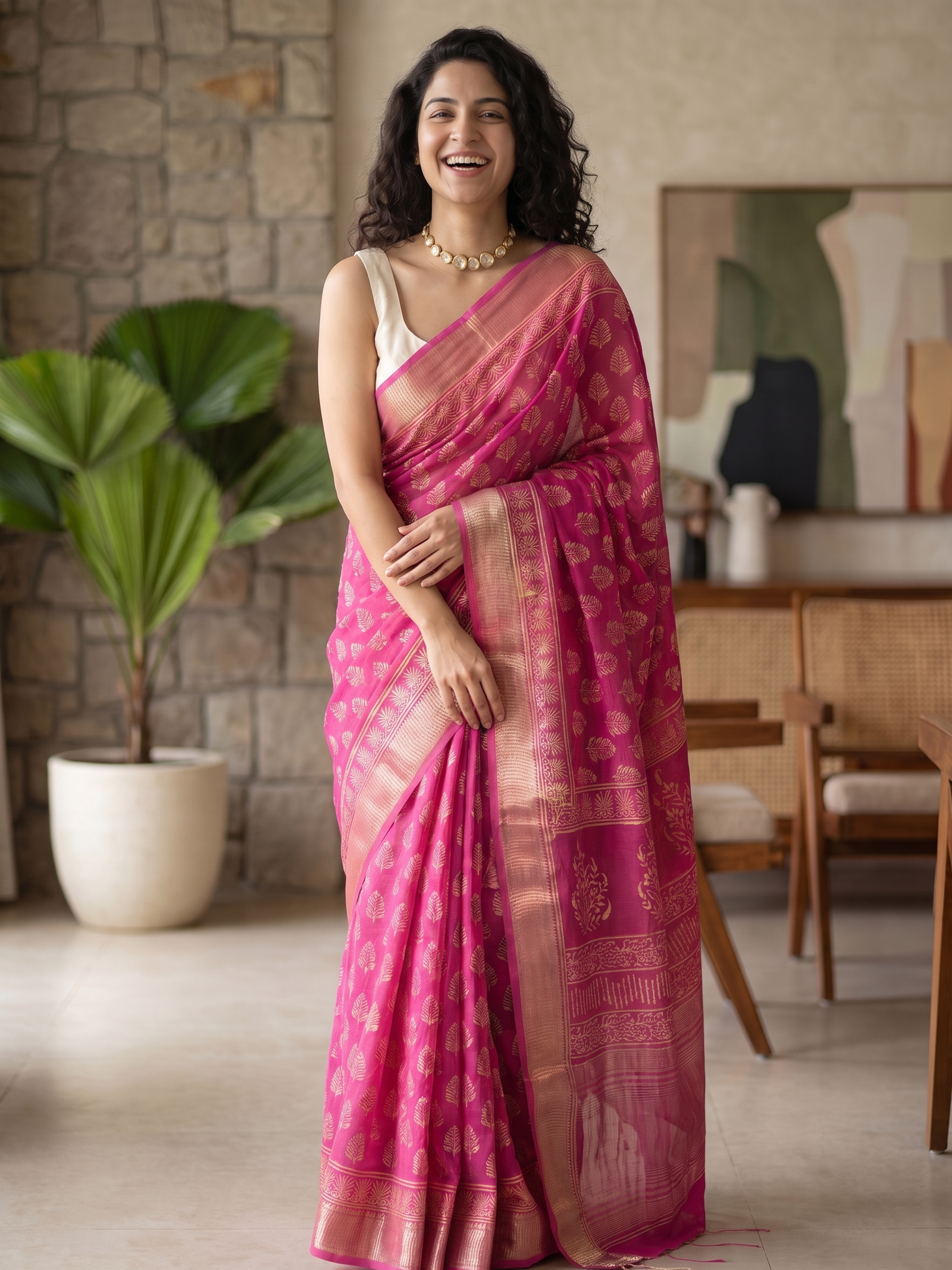 Raspberry Pink Maheshwari Cotton Silk Saree