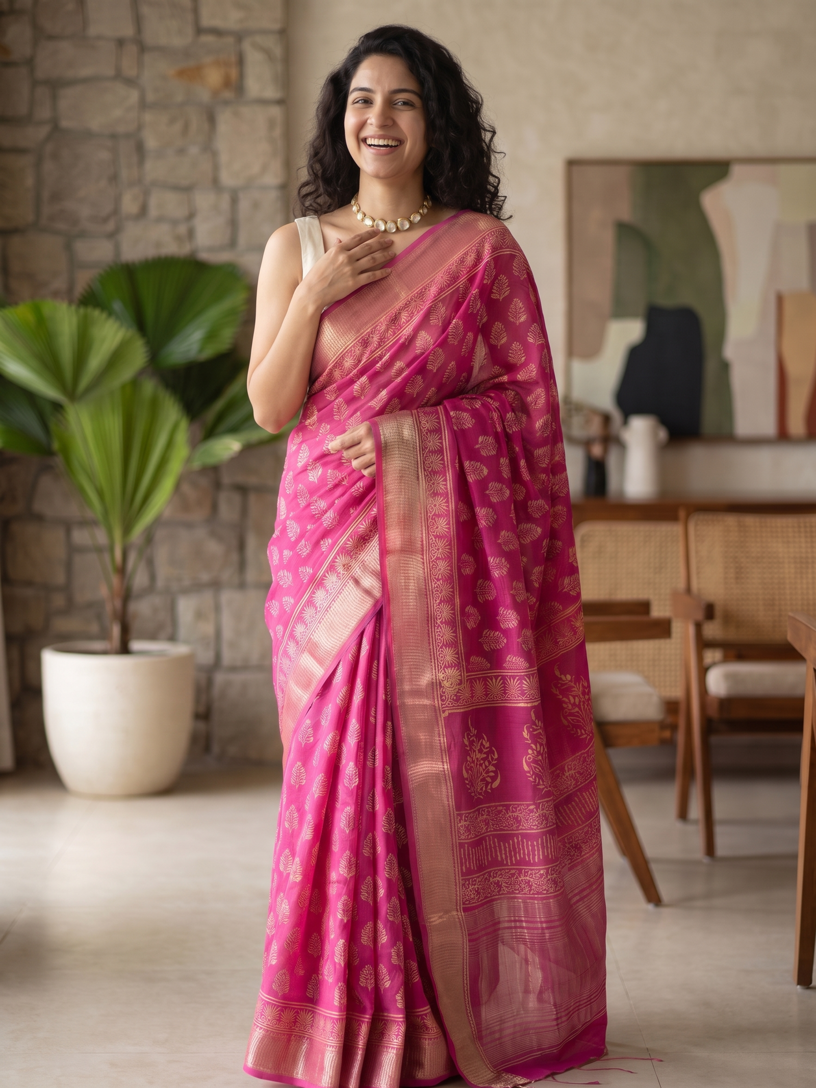 Raspberry Pink Maheshwari Cotton Silk Saree