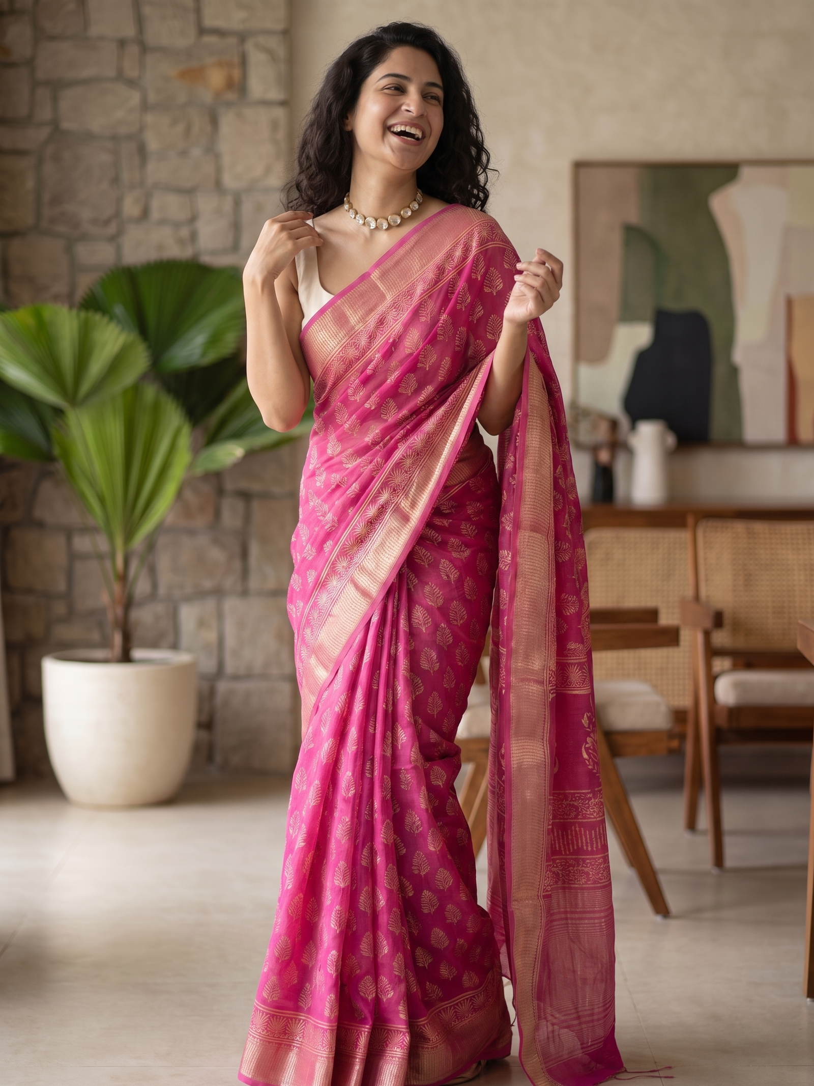 Raspberry Pink Maheshwari Cotton Silk Saree