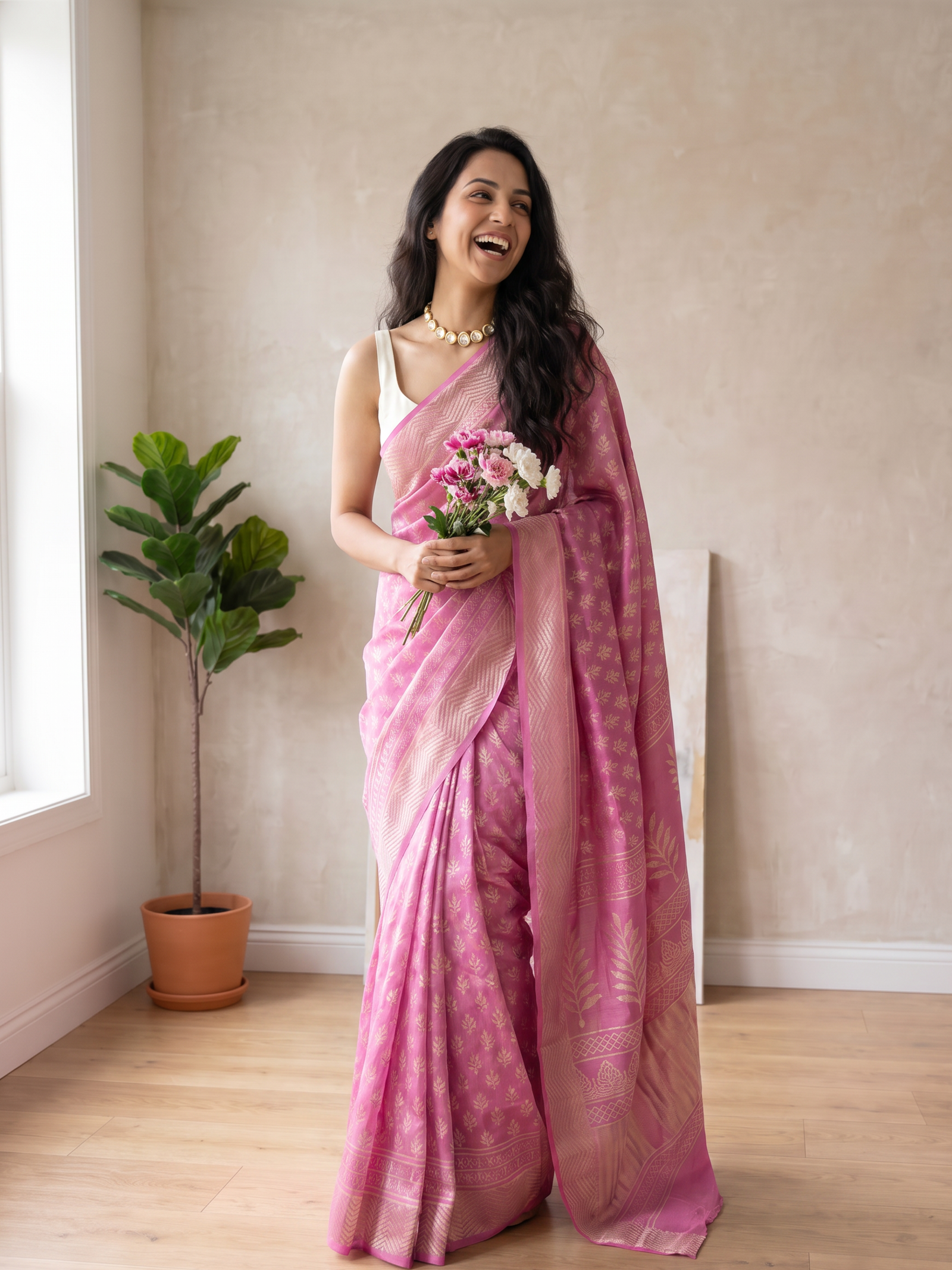 Pink Opal Maheshwari Cotton Silk Saree