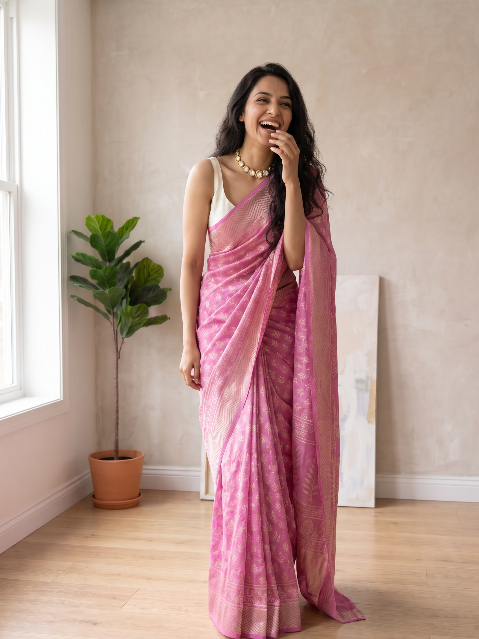 Pink Opal Maheshwari Cotton Silk Saree
