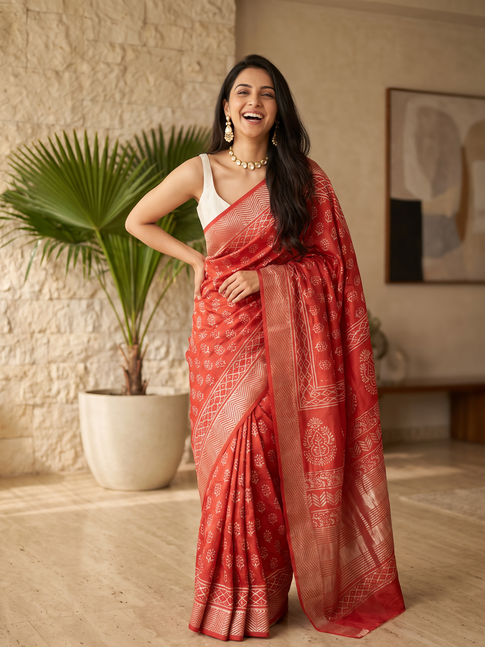 Kesari Red Maheshwari Cotton Silk Saree