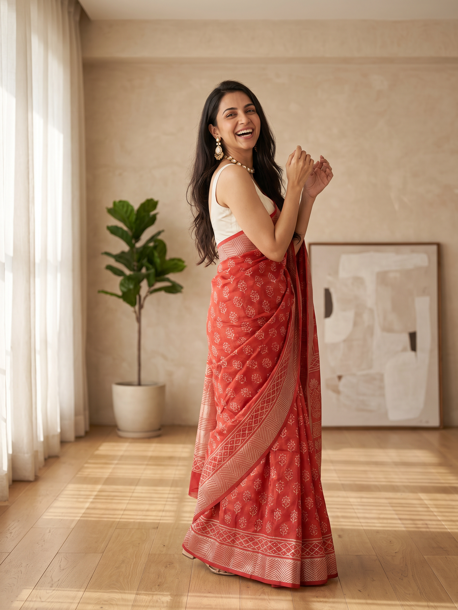 Kesari Red Maheshwari Cotton Silk Saree