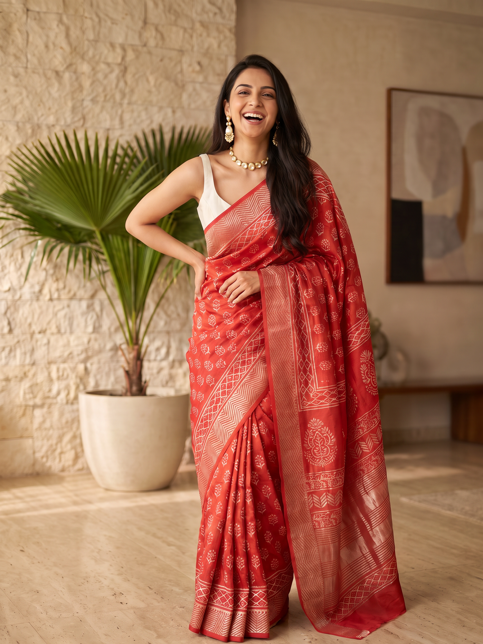 Kesari Red Maheshwari Cotton Silk Saree