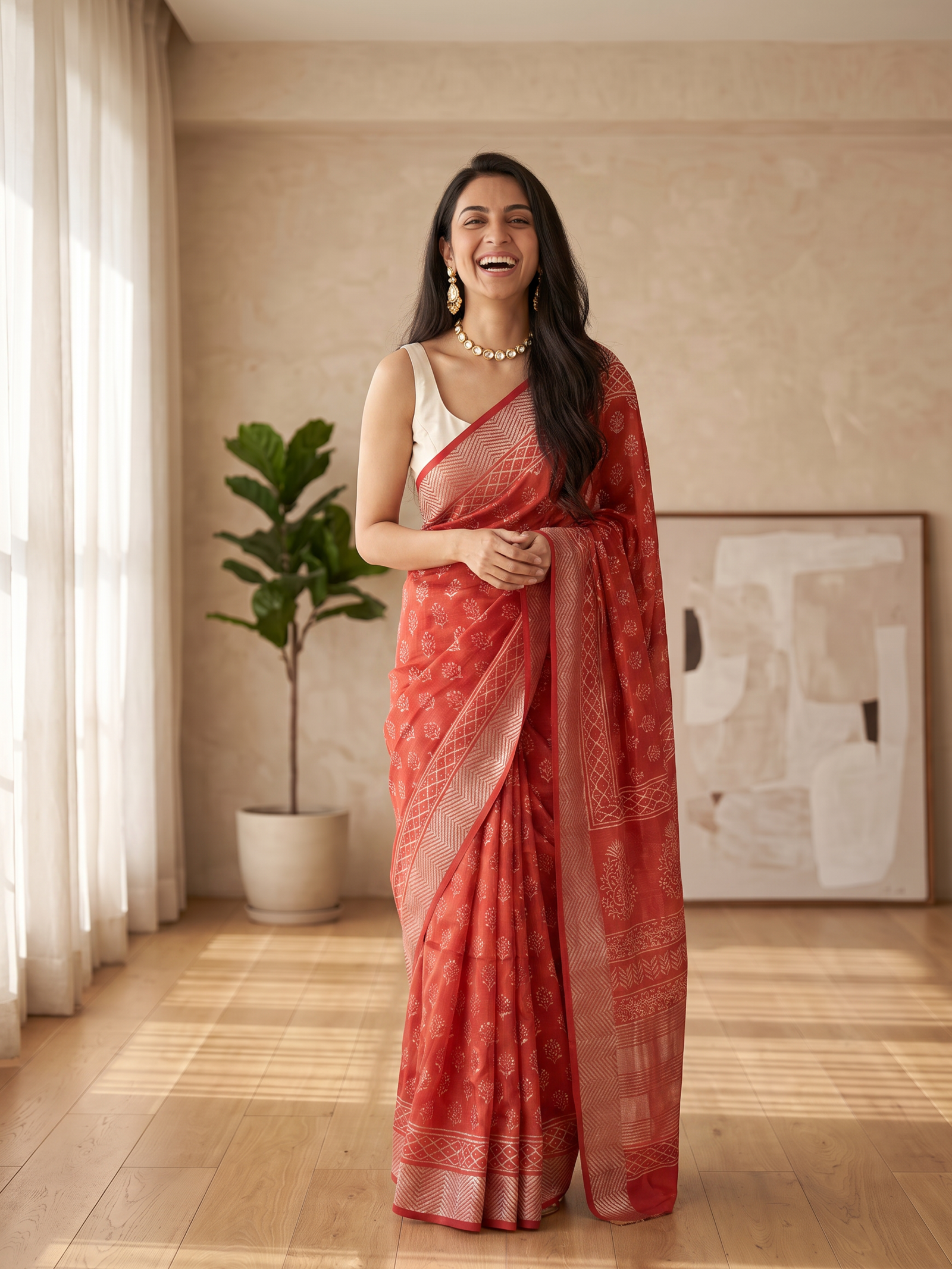 Kesari Red Maheshwari Cotton Silk Saree