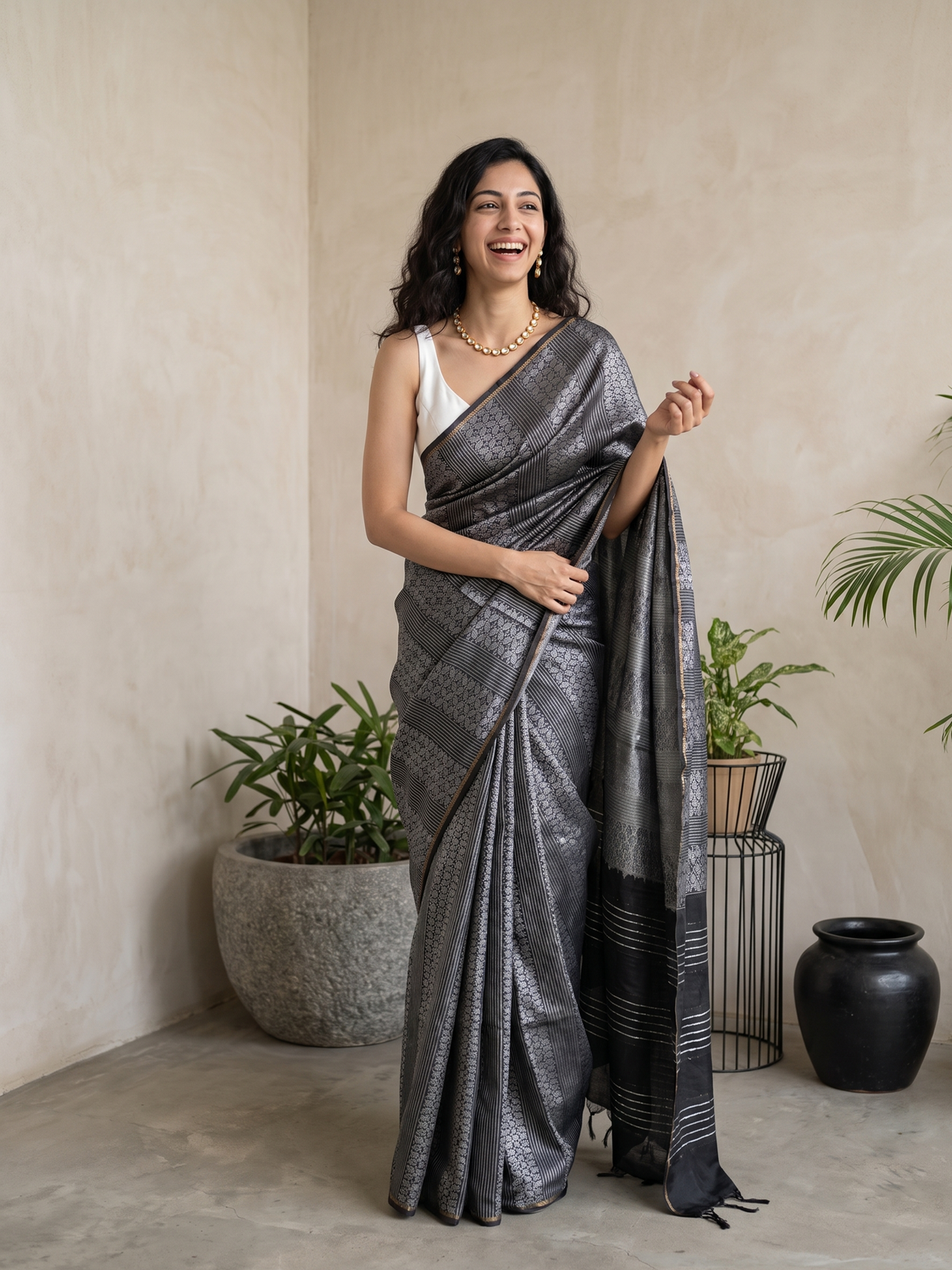 Ash Grey Jari Silk Saree