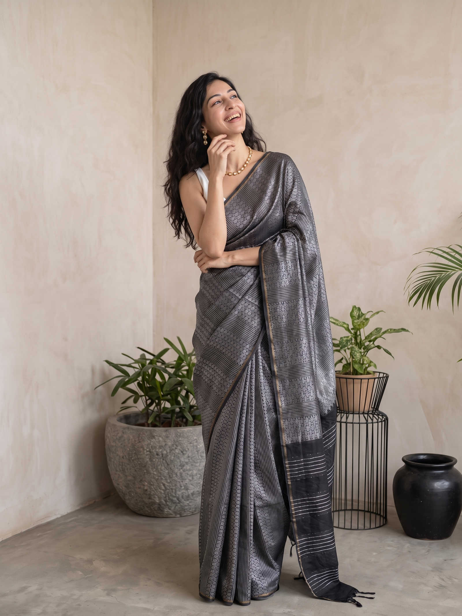 Ash Grey Jari Silk Saree