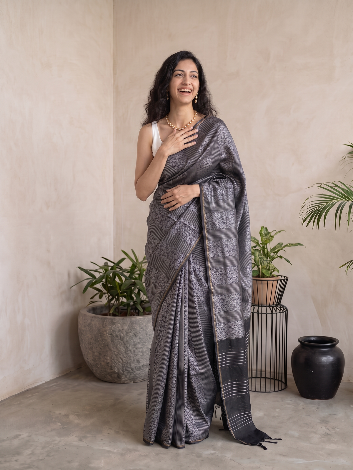 Ash Grey Jari Silk Saree