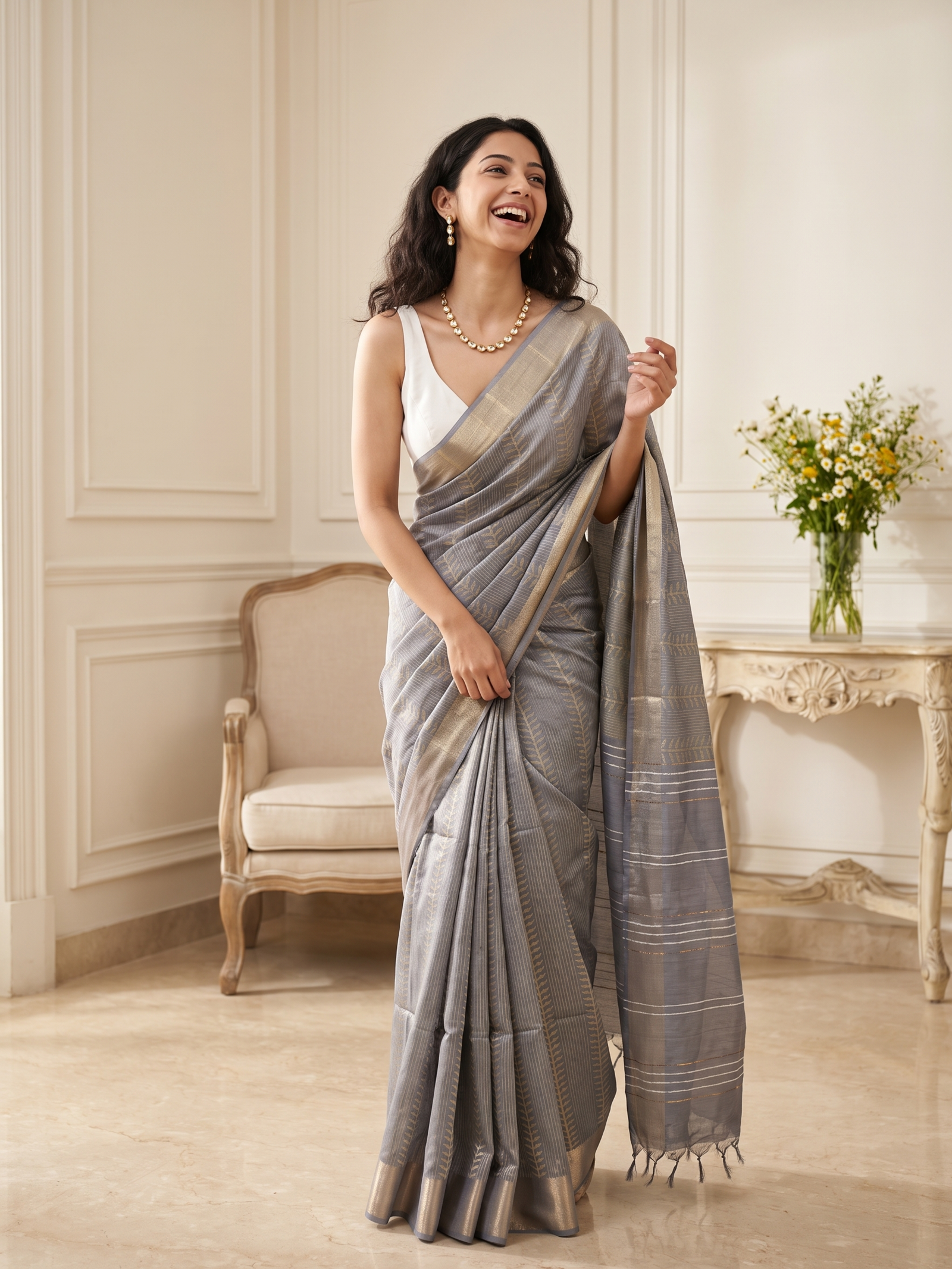 Pearl Grey Jari Silk Saree
