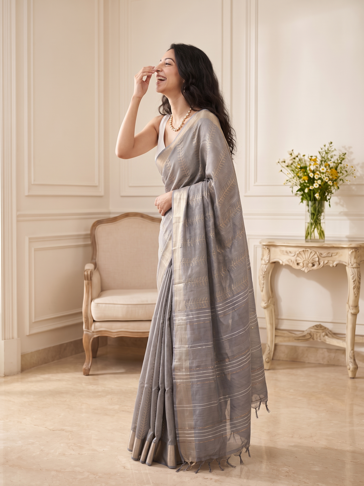 Pearl Grey Jari Silk Saree