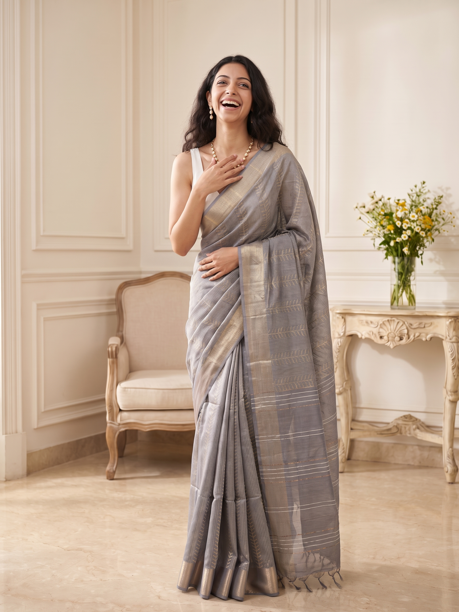 Pearl Grey Jari Silk Saree