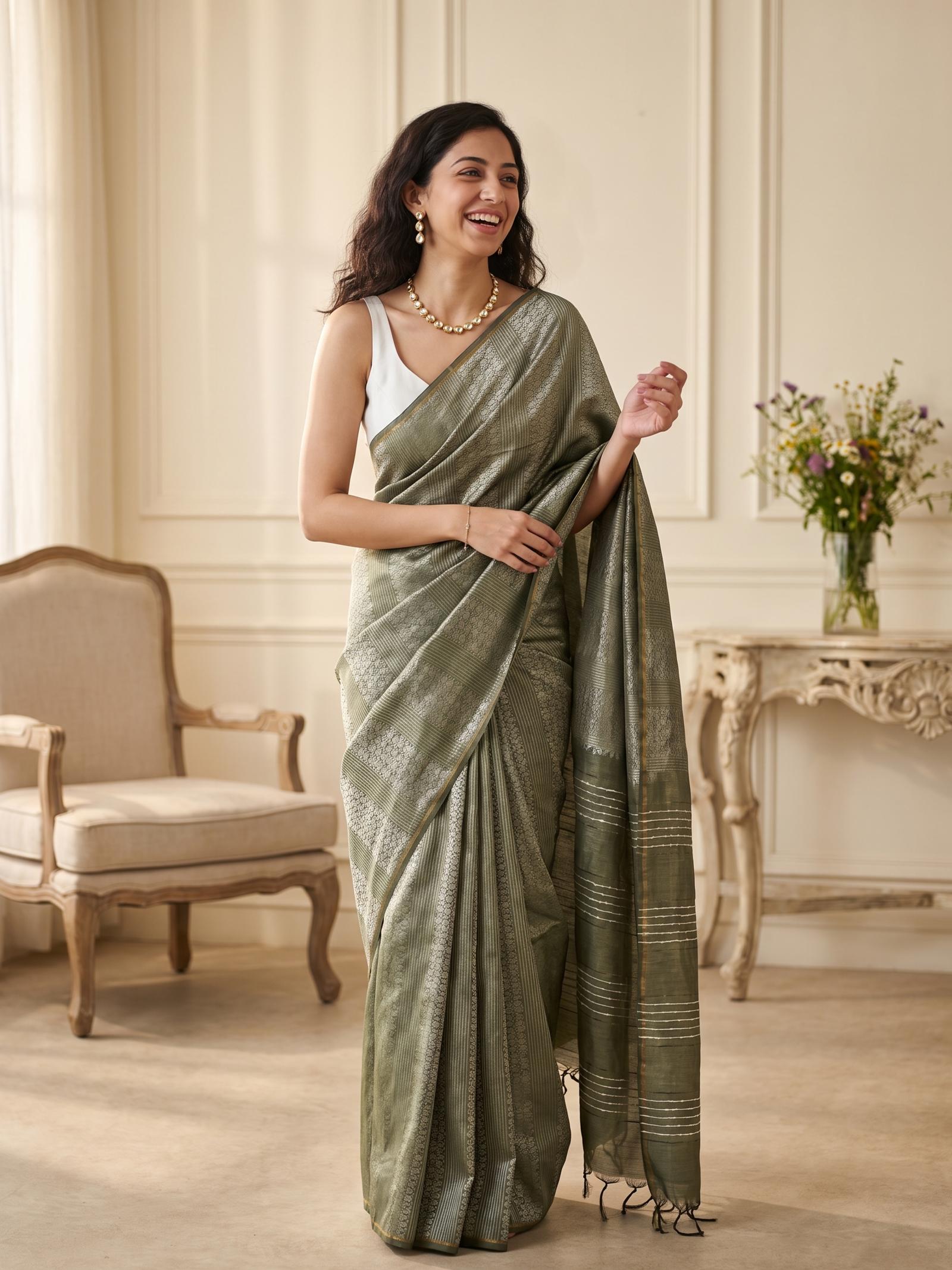Olive Meher Jari Silk Saree