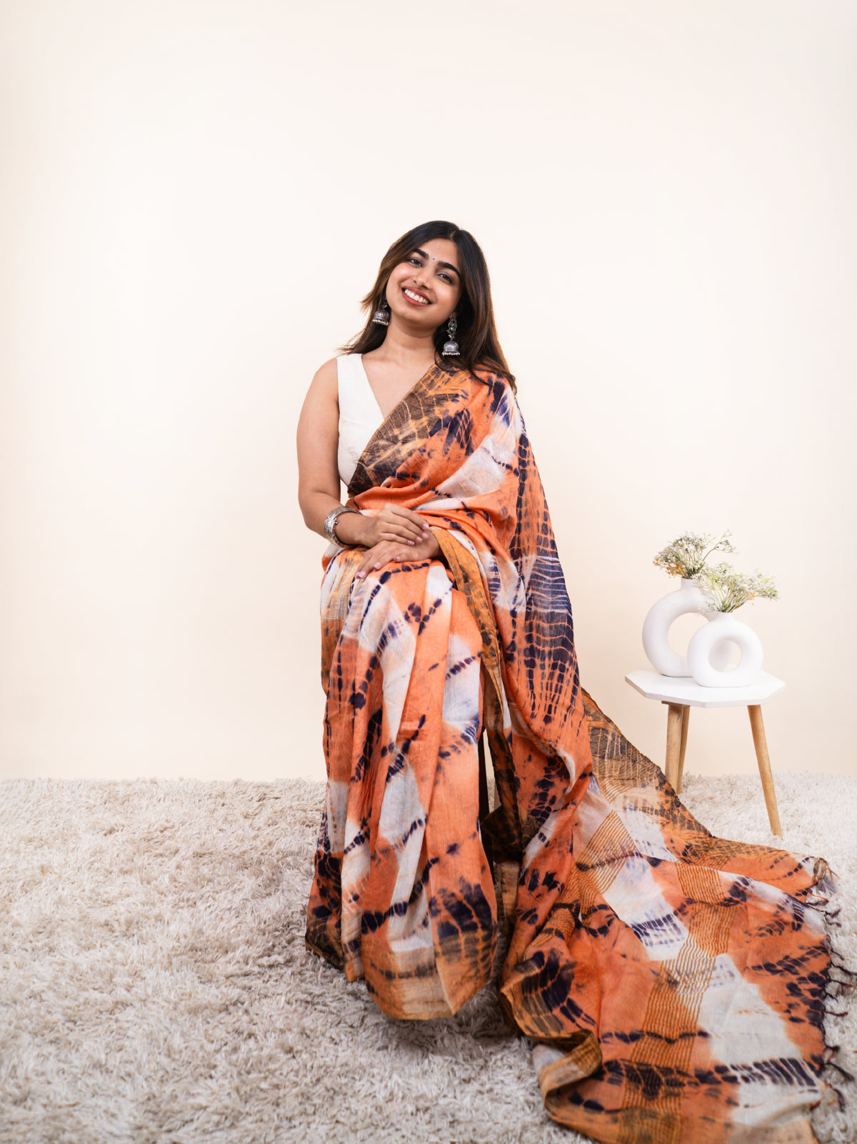 Orange Tie and Dye Cotton Linen Saree