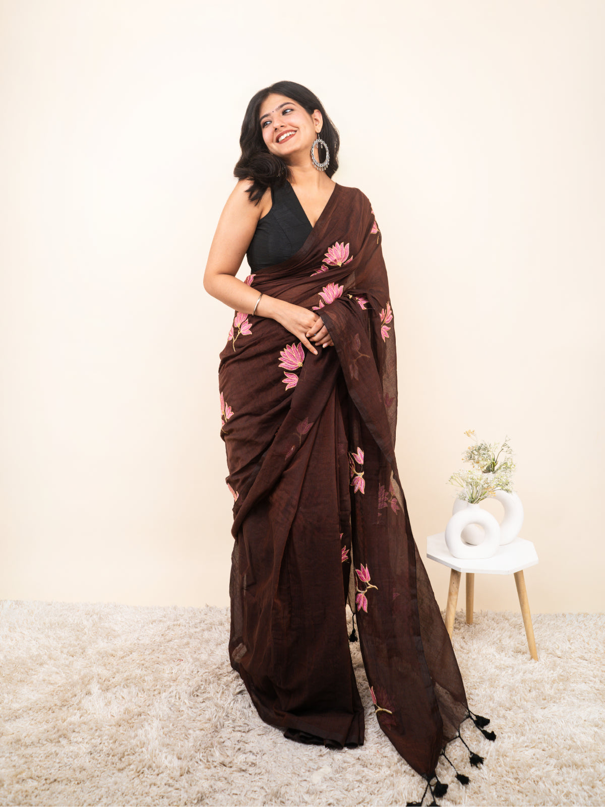 Rustic Brown Mulmul Saree