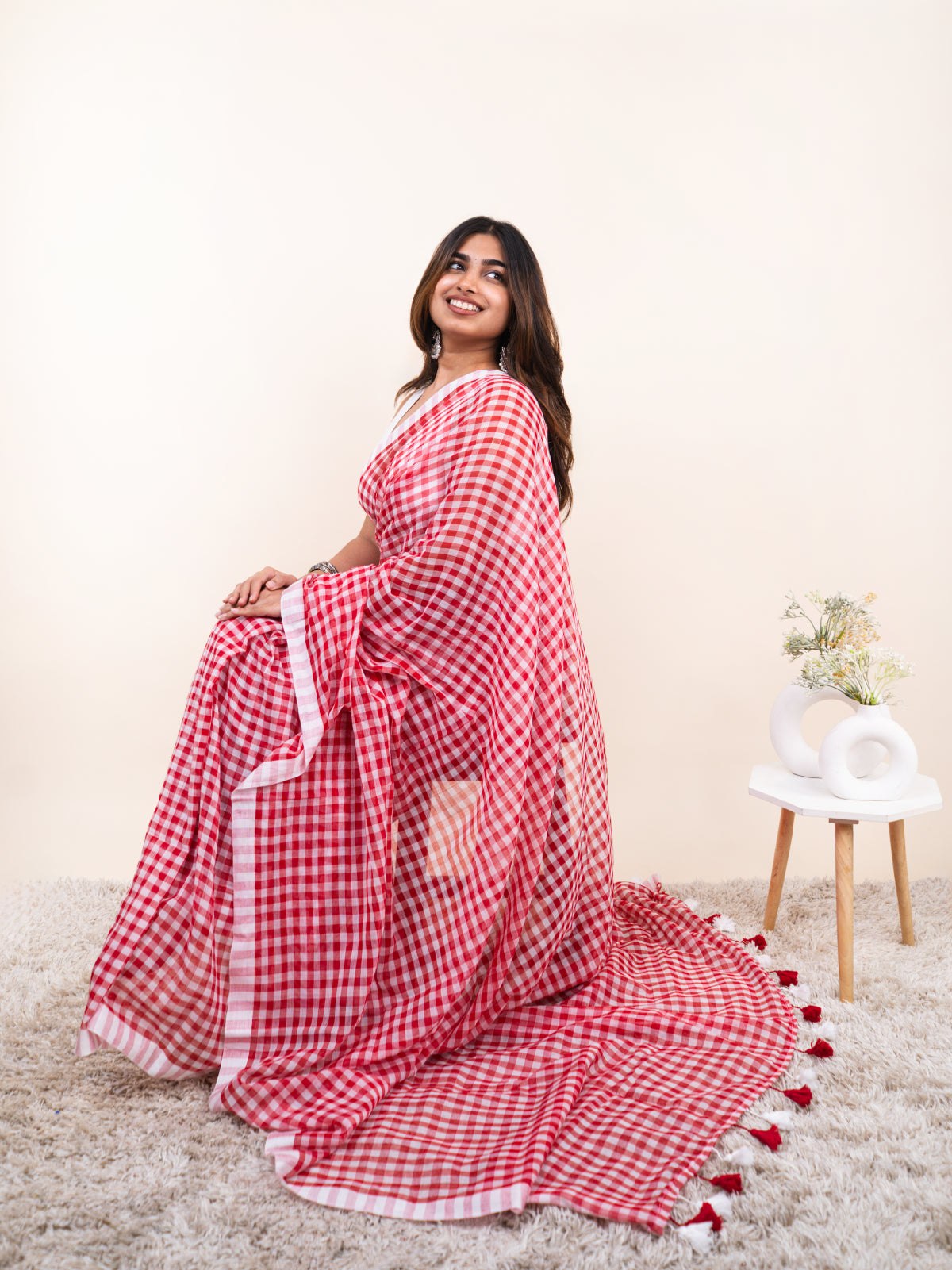 Red Core Checks Mulmul Saree