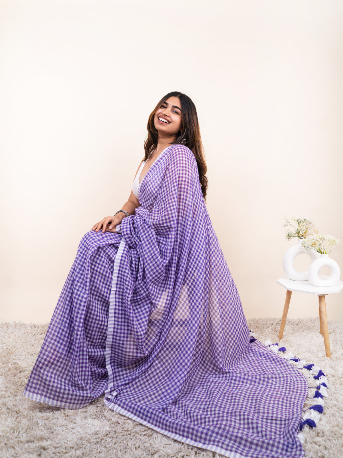 Lavender Checks Mulmul Saree