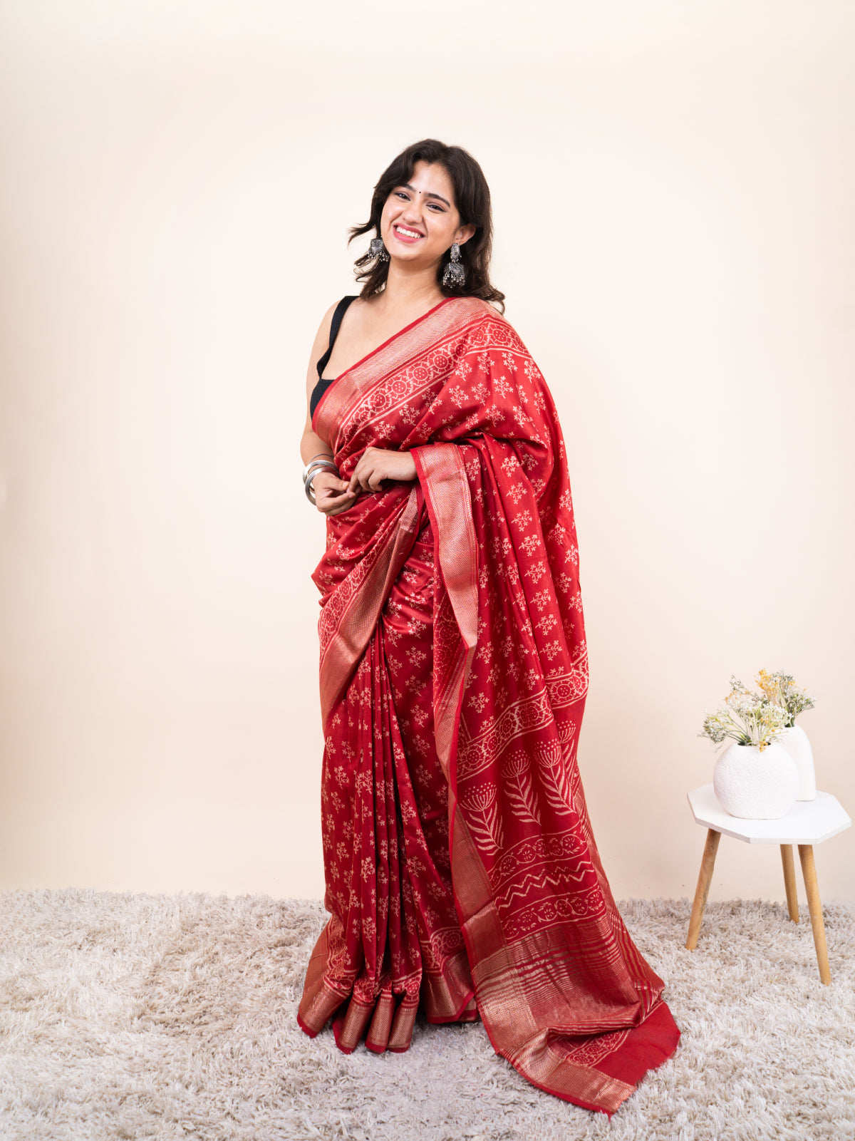 Classic Red Maheshwari Cotton Silk Saree